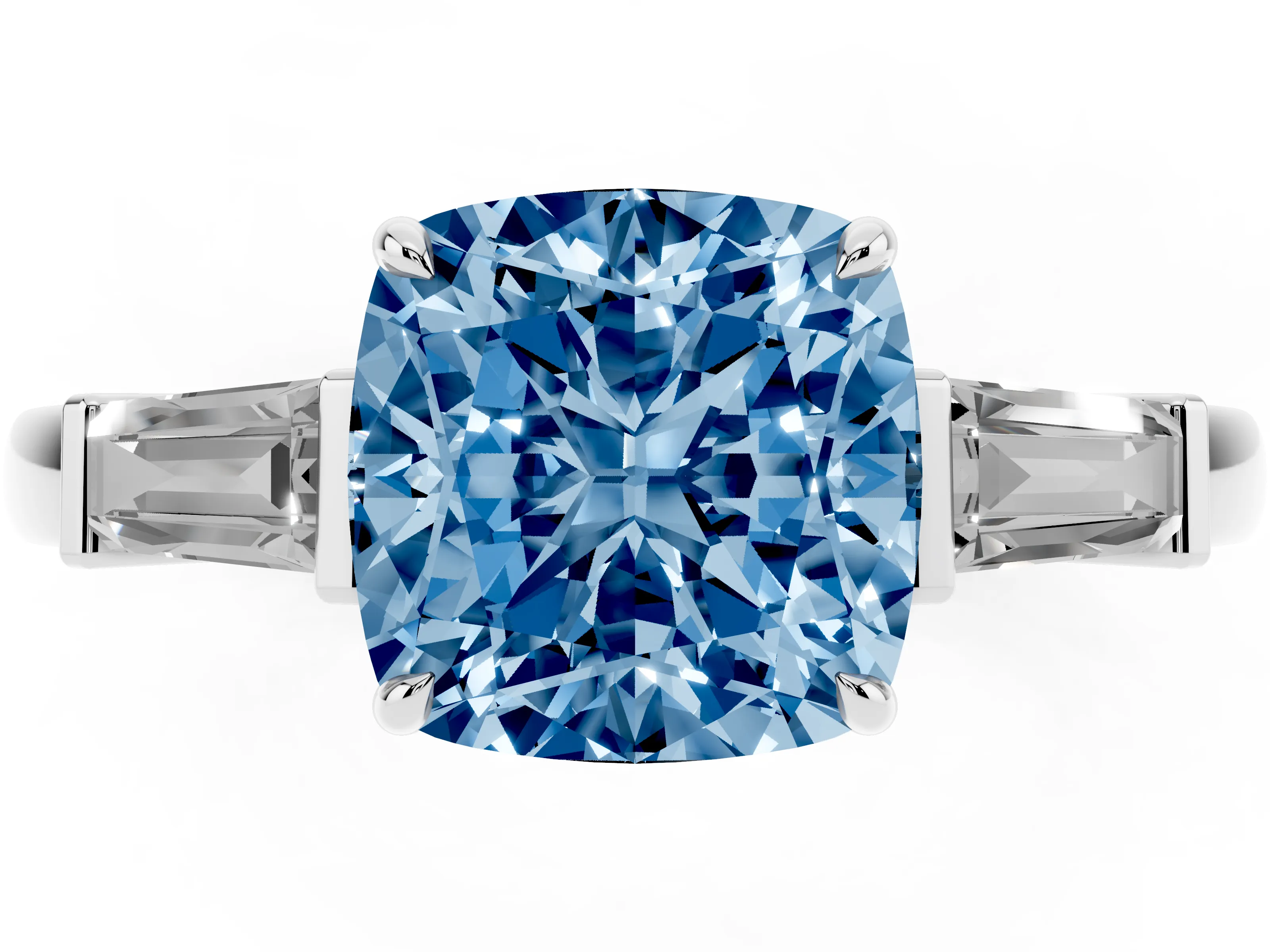 Fancy Blue Cushion Cut Diamond Three-Stone Ring Set in Platinum with Tapered Baguette Side Stones and Prong Setting