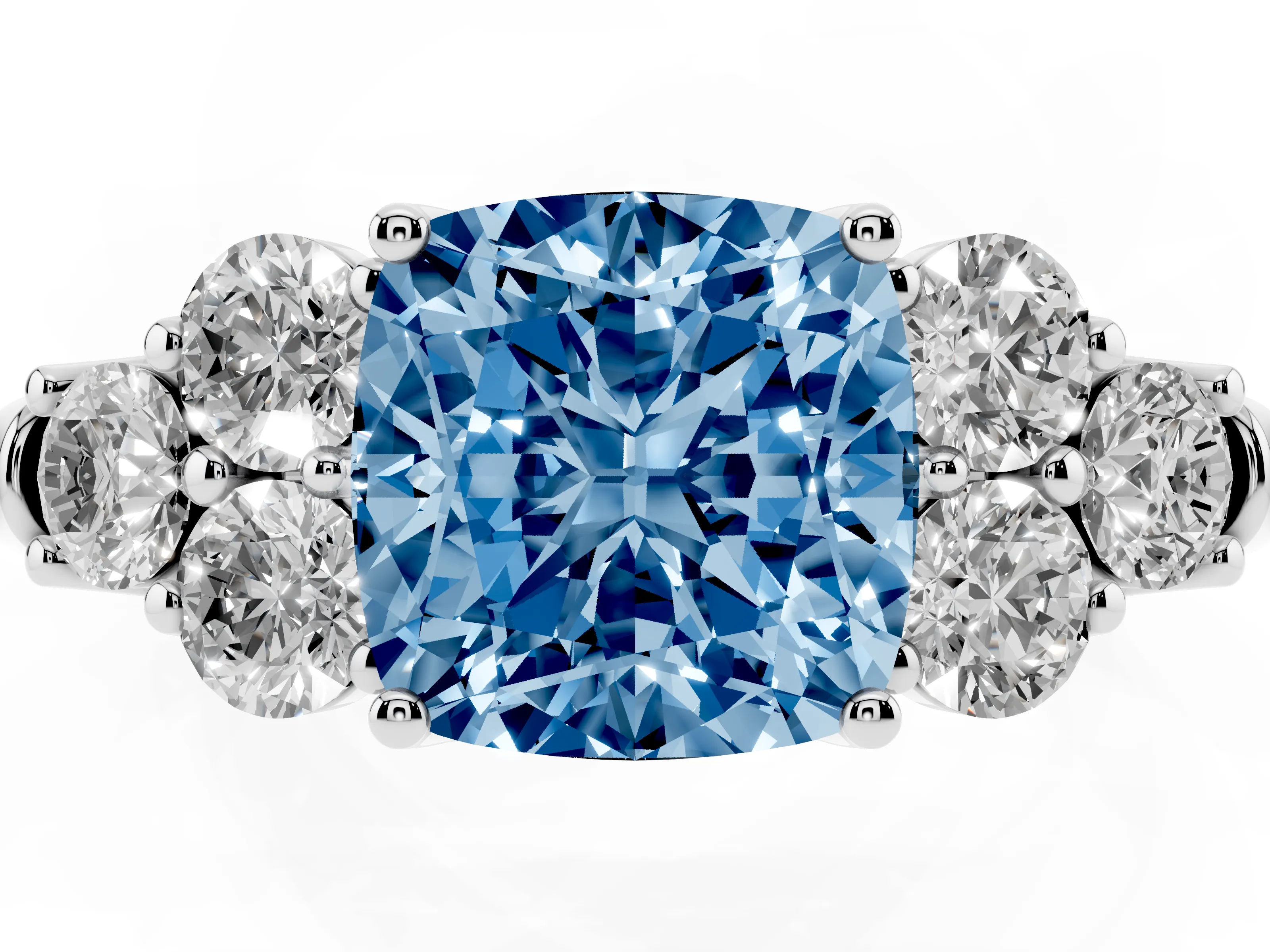 Fancy Blue Cushion Cut Diamond Cluster Ring Set in Platinum with Round Accent Stones and Prong Setting on a Plain Band