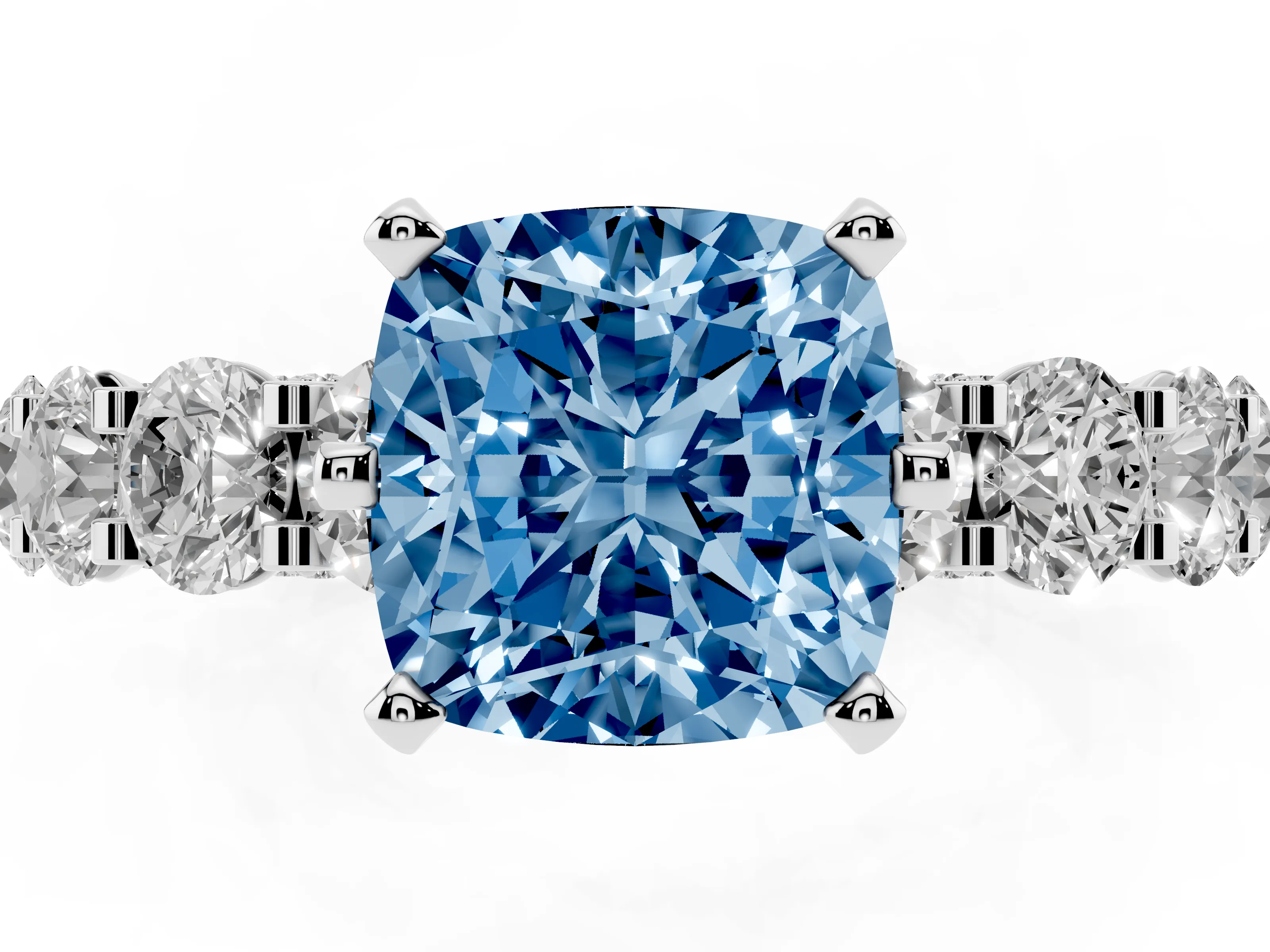 Fancy Blue Cushion Cut Diamond Side Stone Ring Set in Platinum with Alternating Round and Oval Side Stones