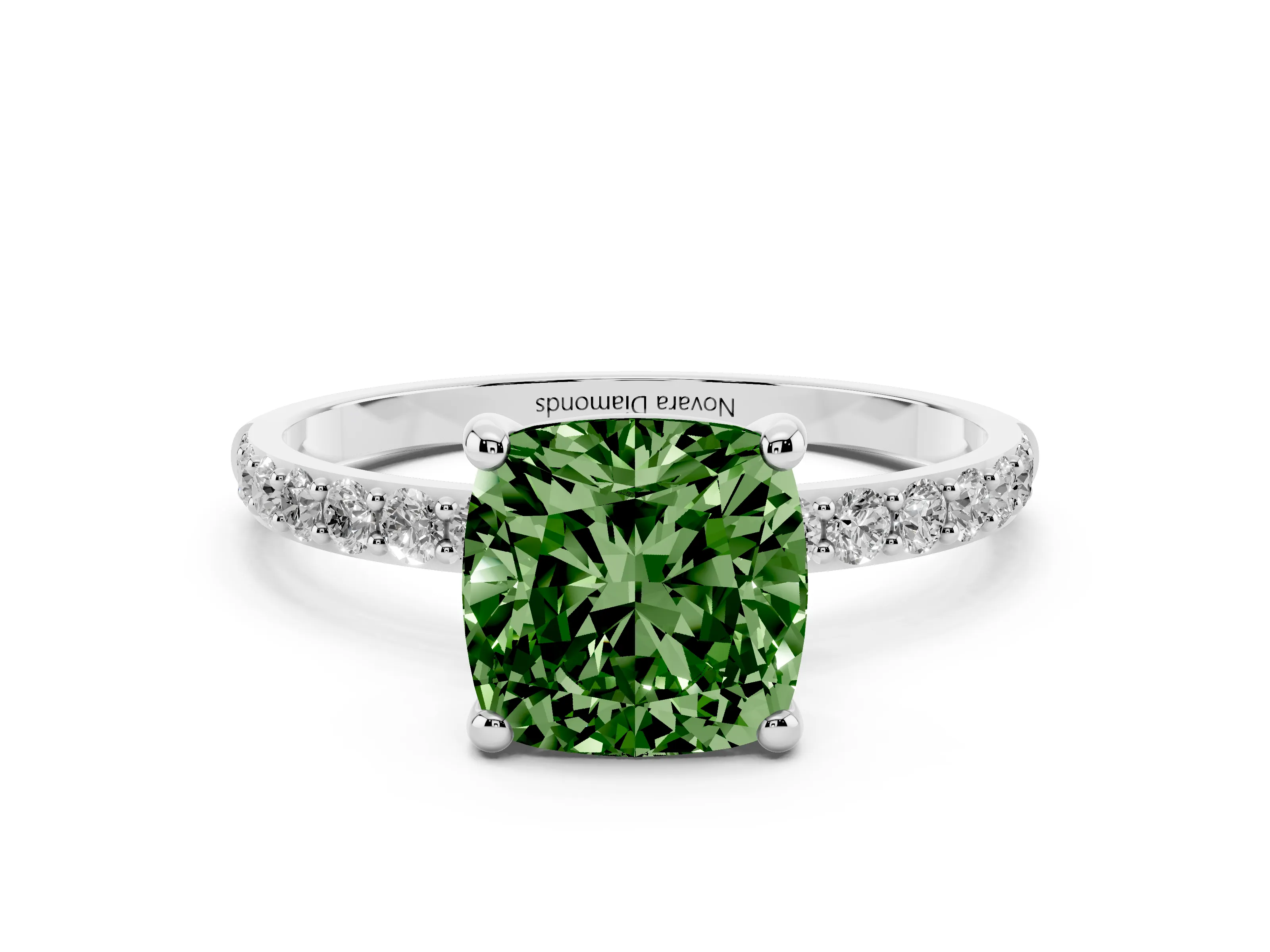 Fancy Green Cushion Cut Diamond Solitaire Ring Set in Platinum with Round Pavé Band and Prong Setting