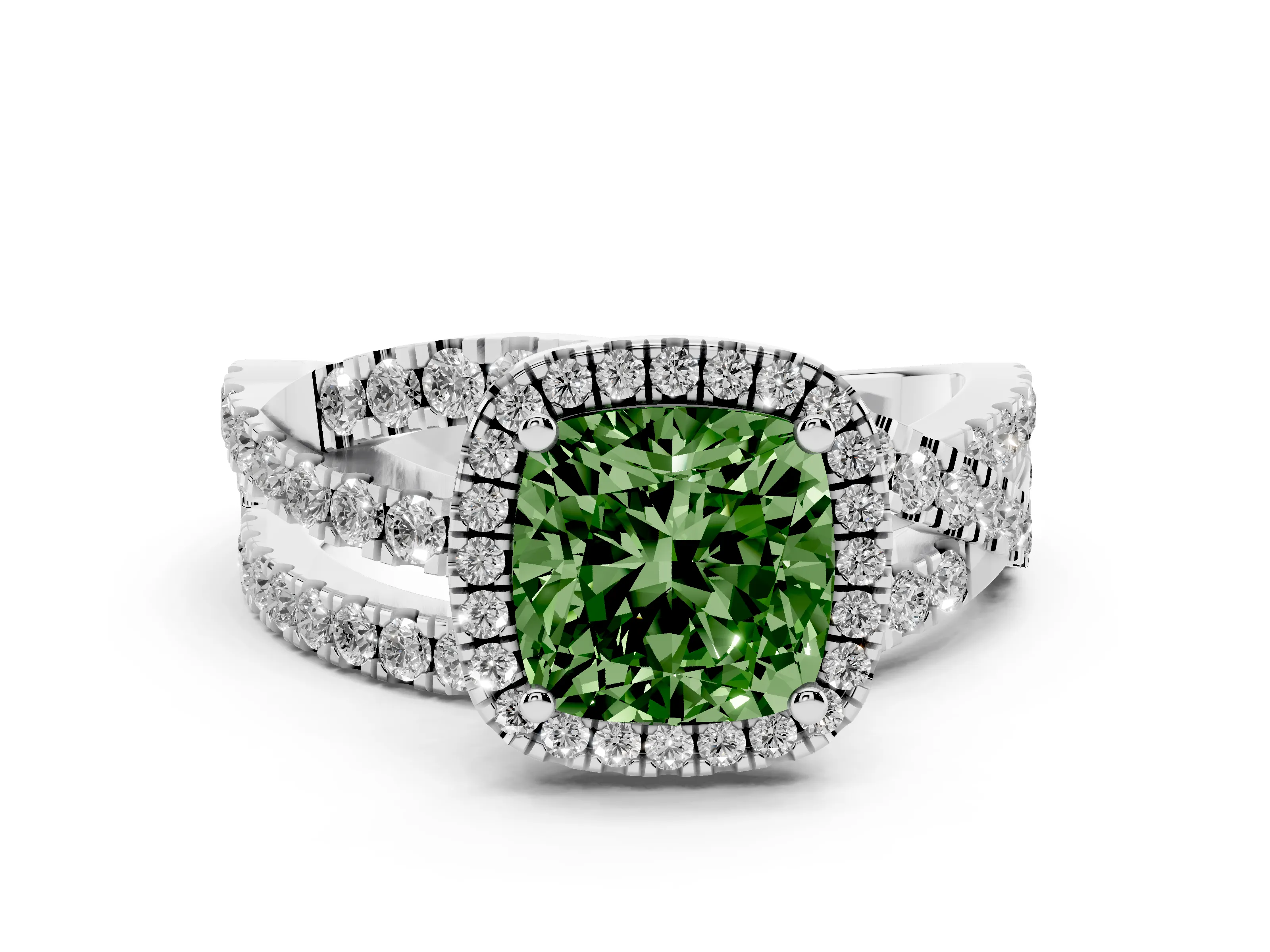 Fancy Green Cushion Cut Diamond Halo Ring Set in White gold with Round Crossover Split Shank and Prong Setting