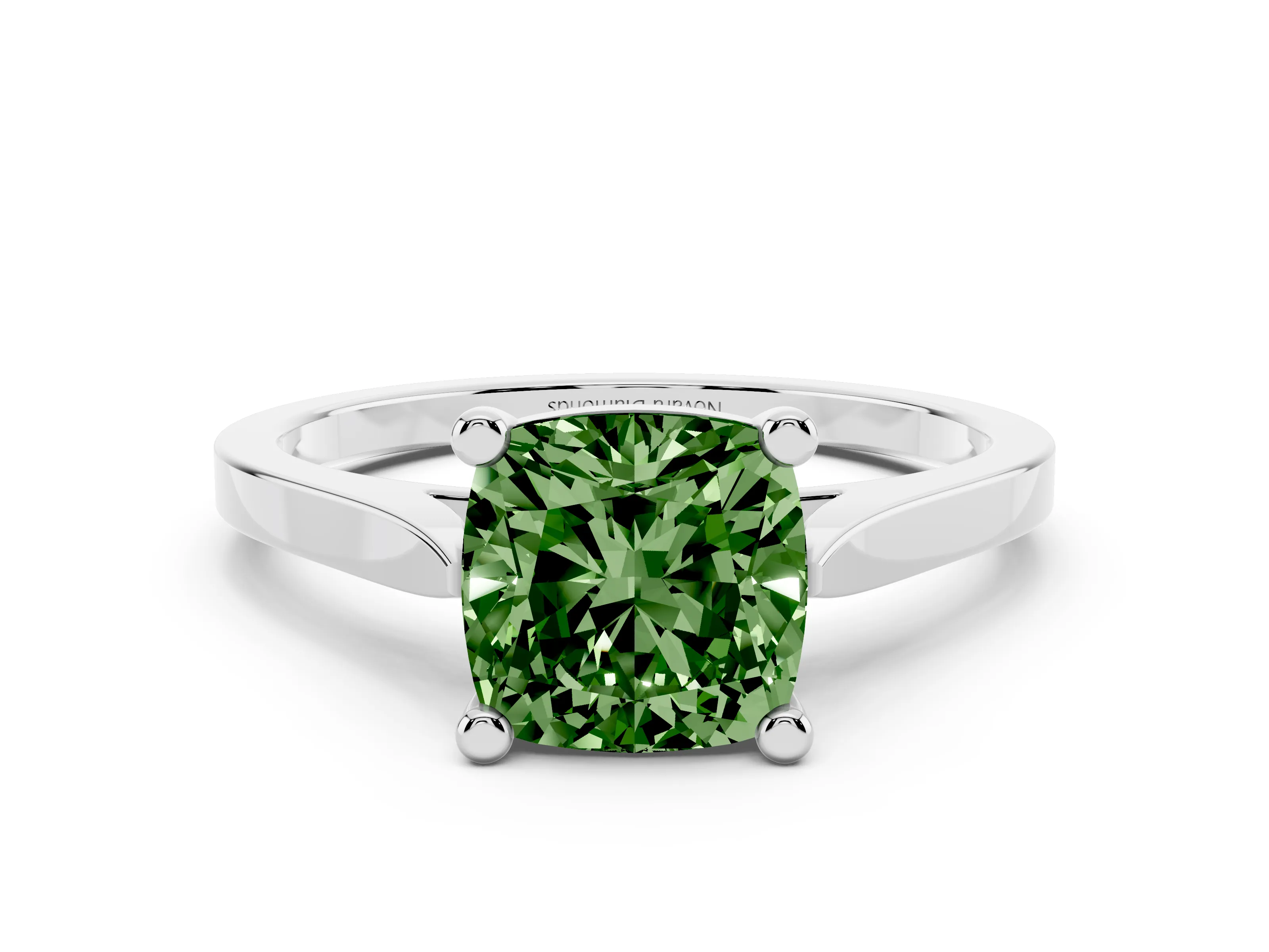 Fancy Green Cushion Cut Diamond Solitaire Ring Set in Silver with Prong Setting and Tapered Band