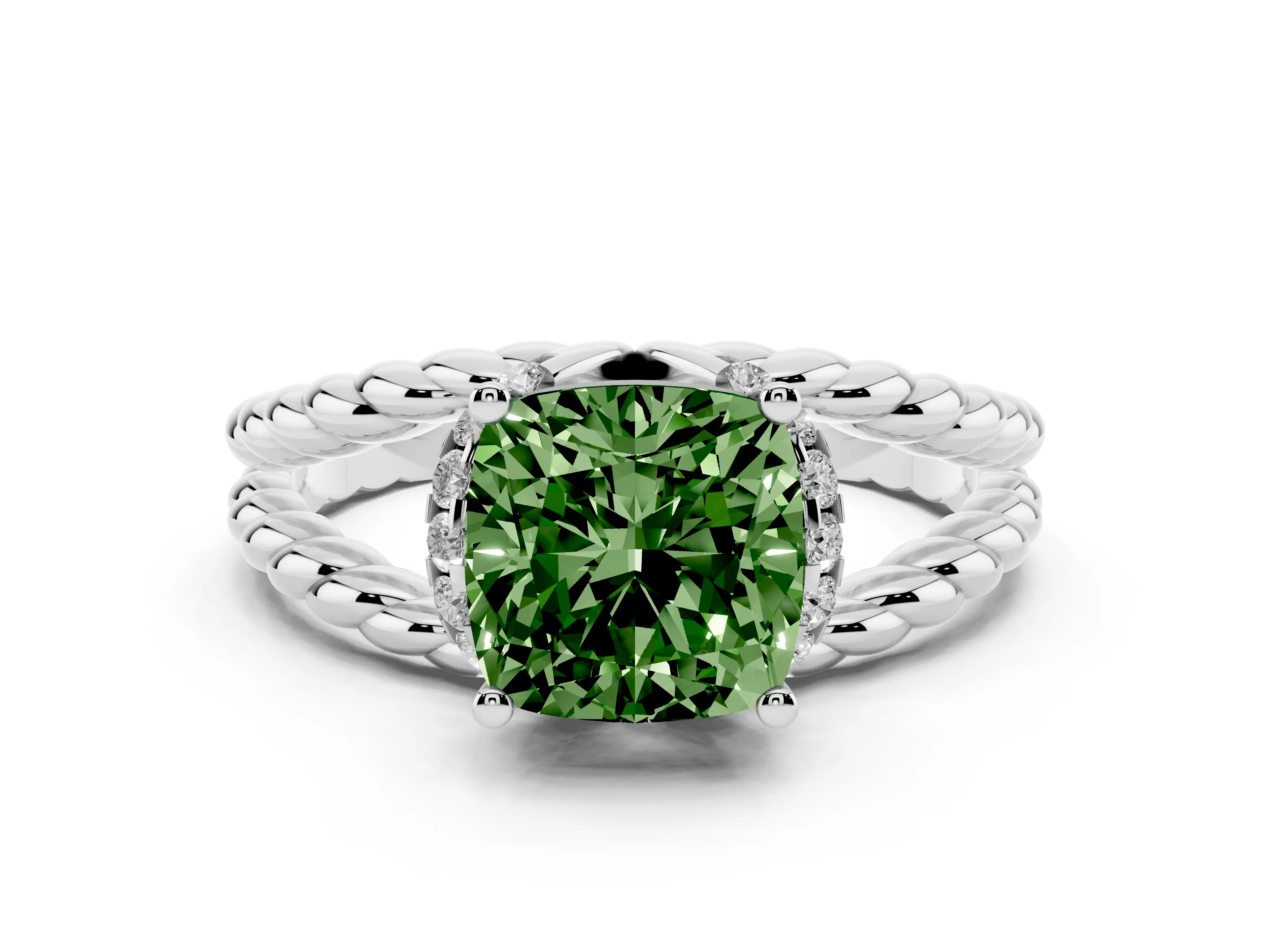 Fancy Green Cushion Cut Diamond Halo Ring Set in Platinum with Twisted Band and Prong Setting