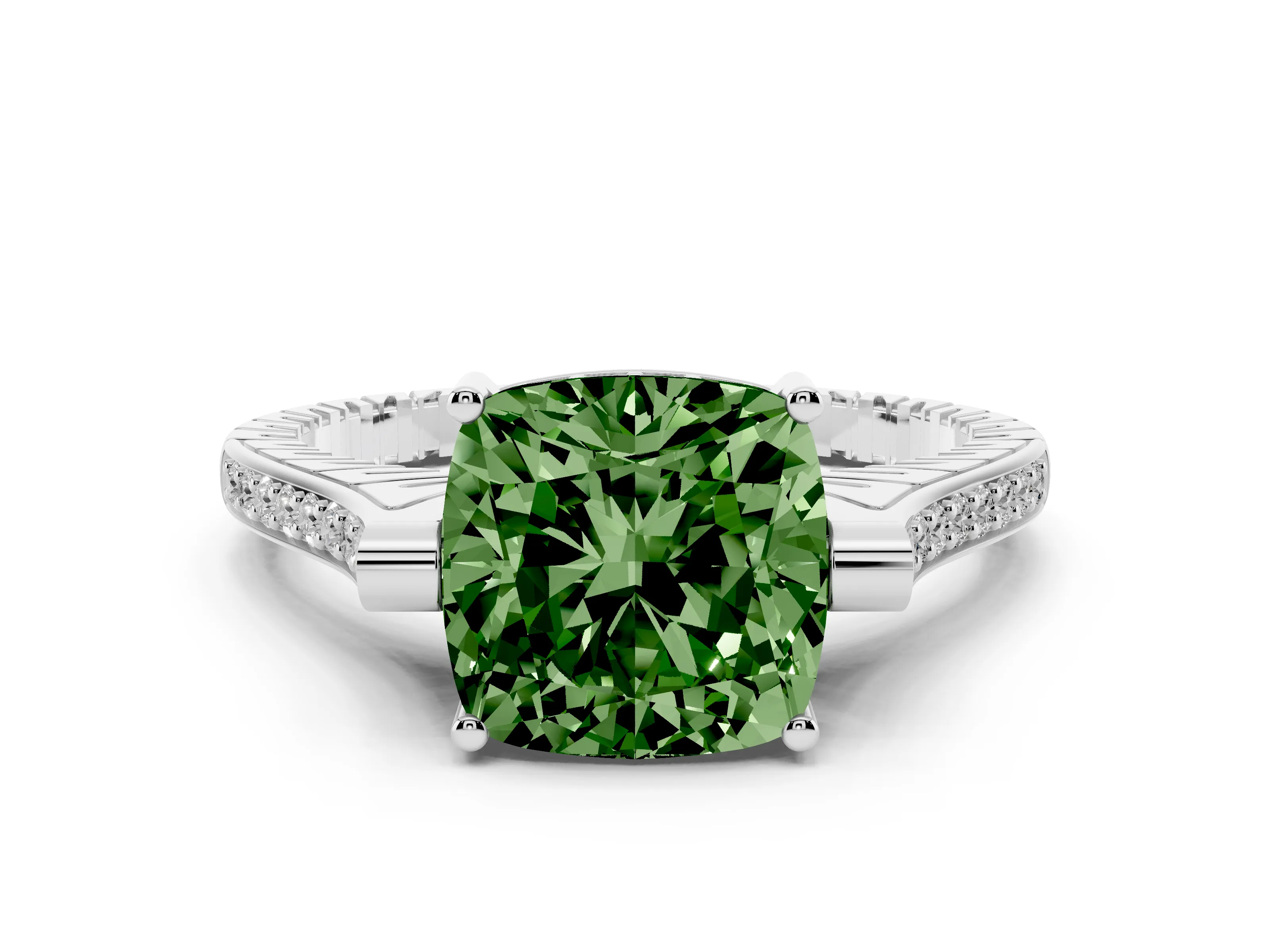 Fancy Green Cushion Cut Diamond Solitaire Ring Set in Platinum with Channel Set Band and Bezel Prong Setting