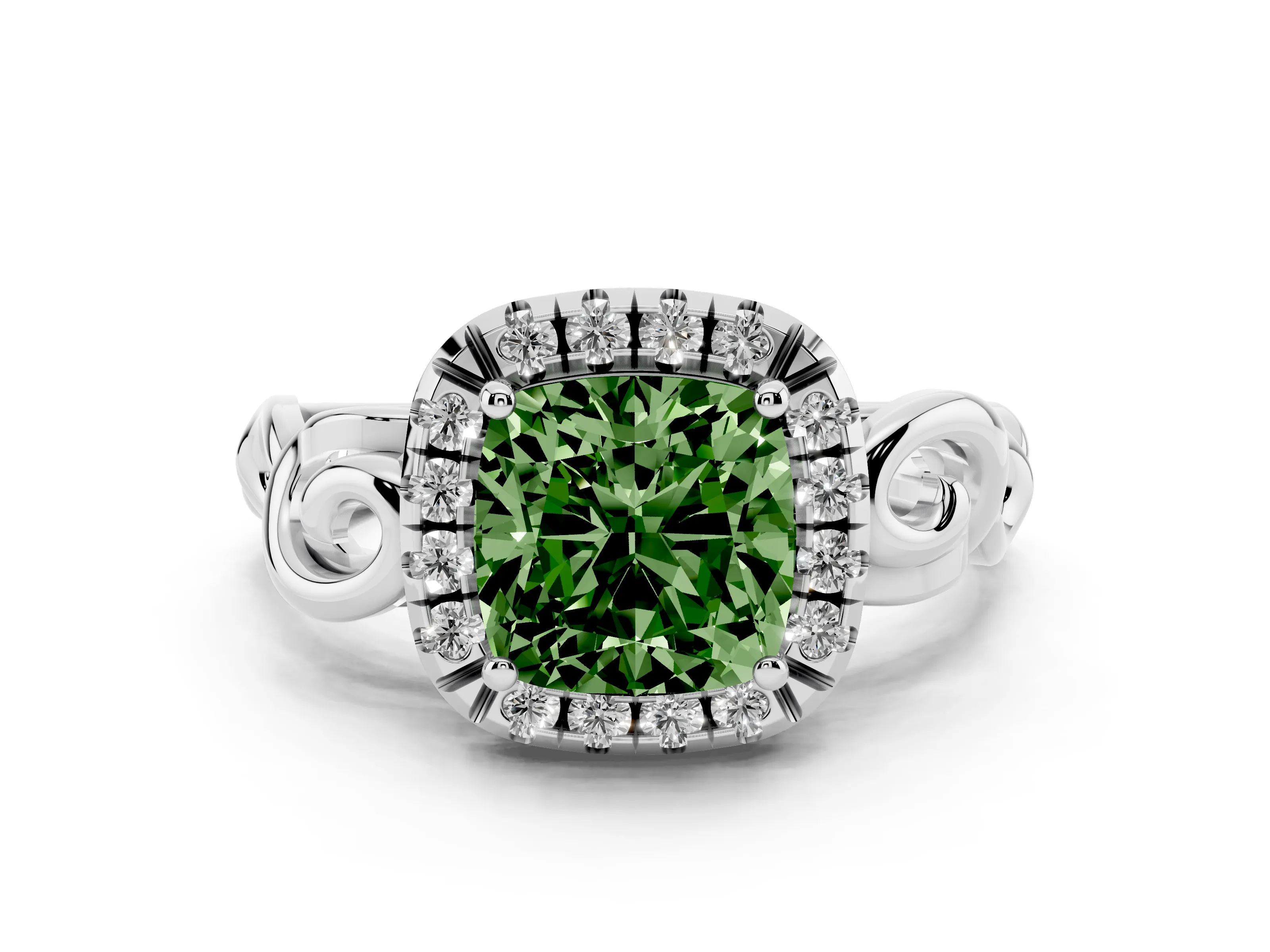 Fancy Green Cushion Cut Diamond Halo Ring Set in Platinum with Scrollwork Band and Prong Setting