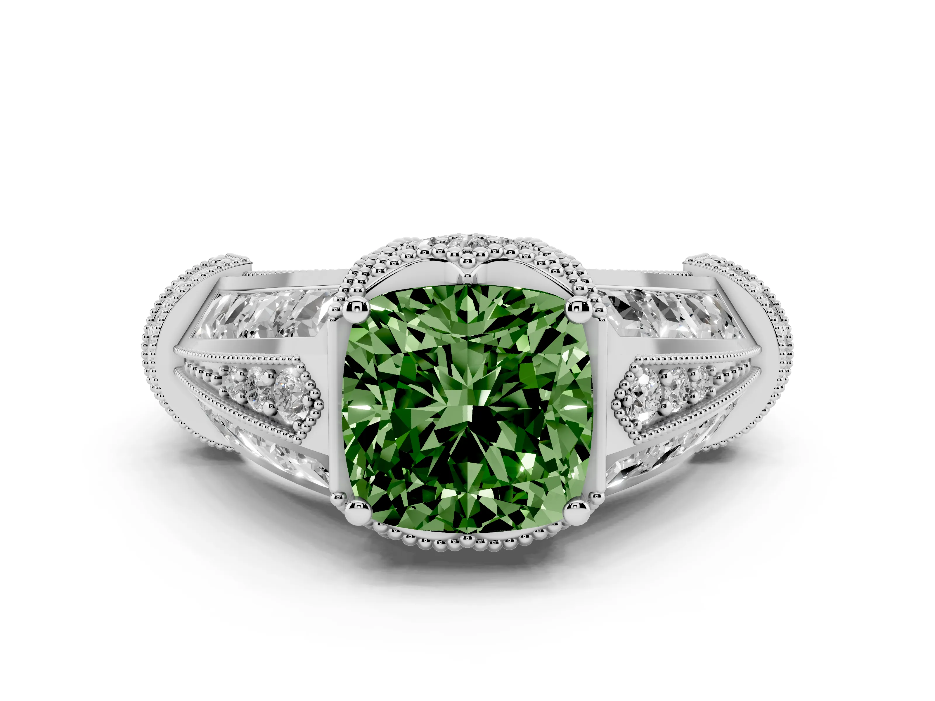 Fancy Green Cushion Cut Diamond Vintage-Inspired Milgrain Ring Set in Silver with Accent Split Shank