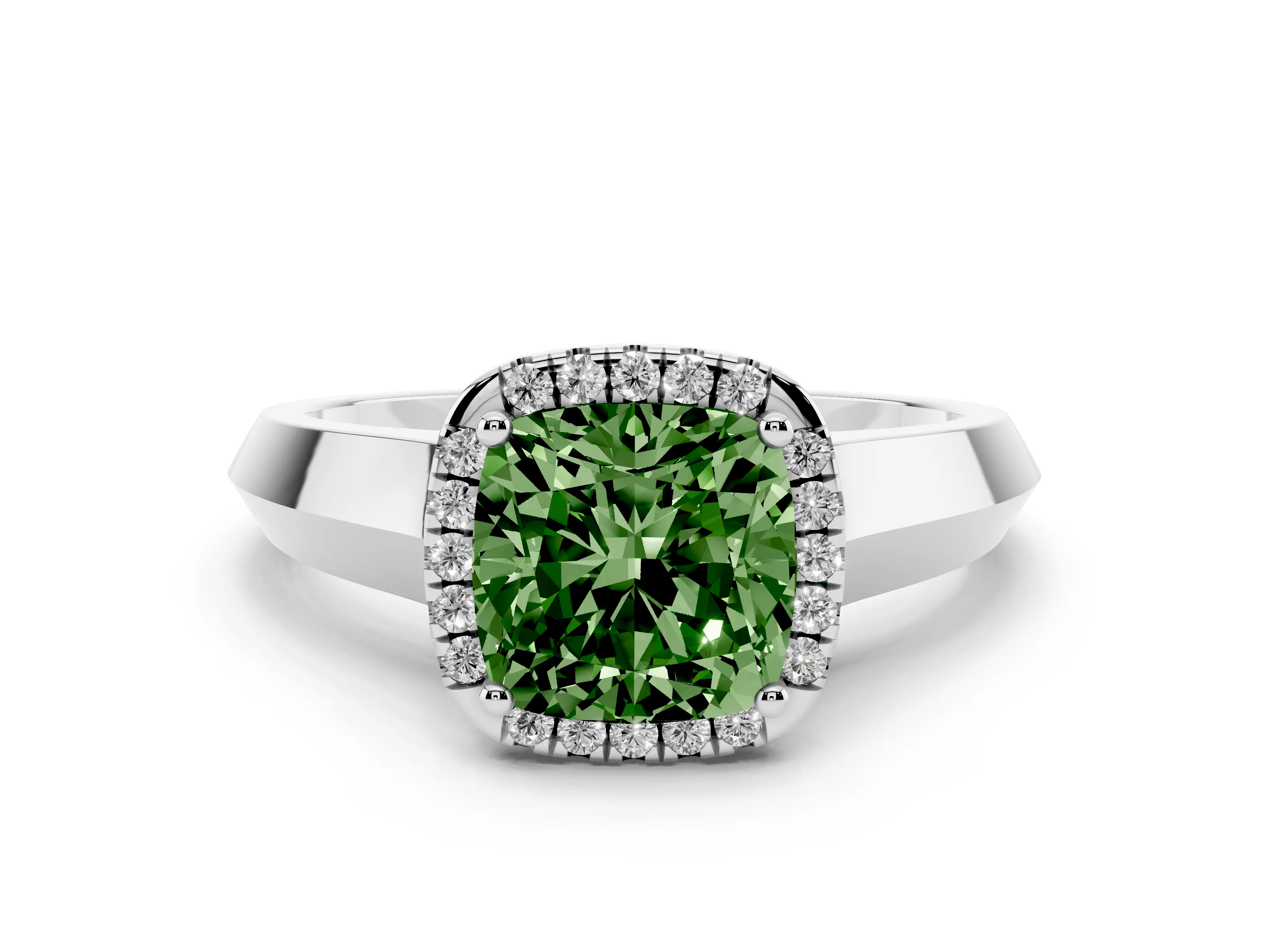 Fancy Green Cushion Cut Diamond Halo Ring Set in White gold with Cathedral Band and Prong Setting