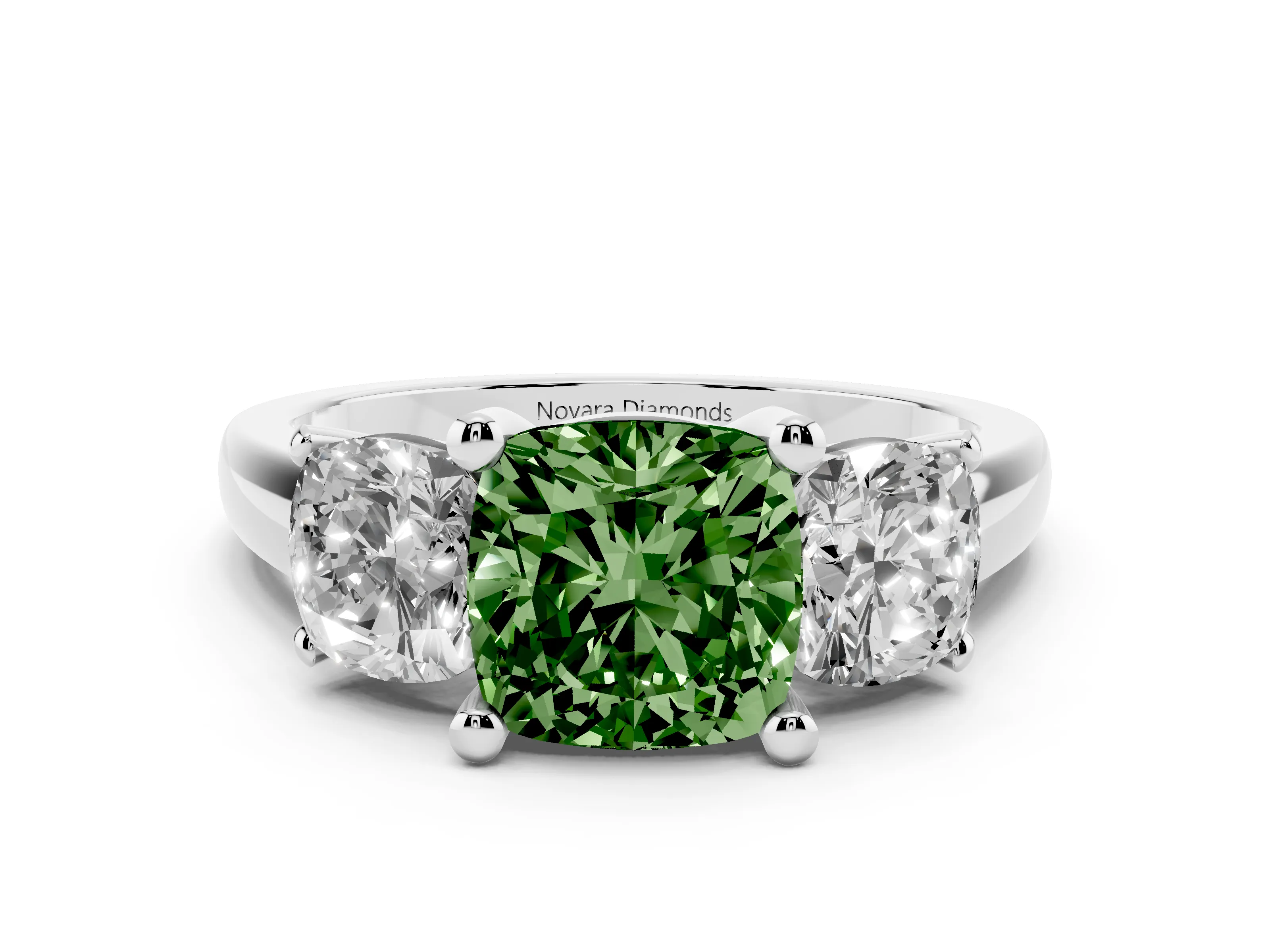 Fancy Green Cushion Cut Diamond Three-Stone Ring Set in White gold with Classic Prong Setting and Plain Band