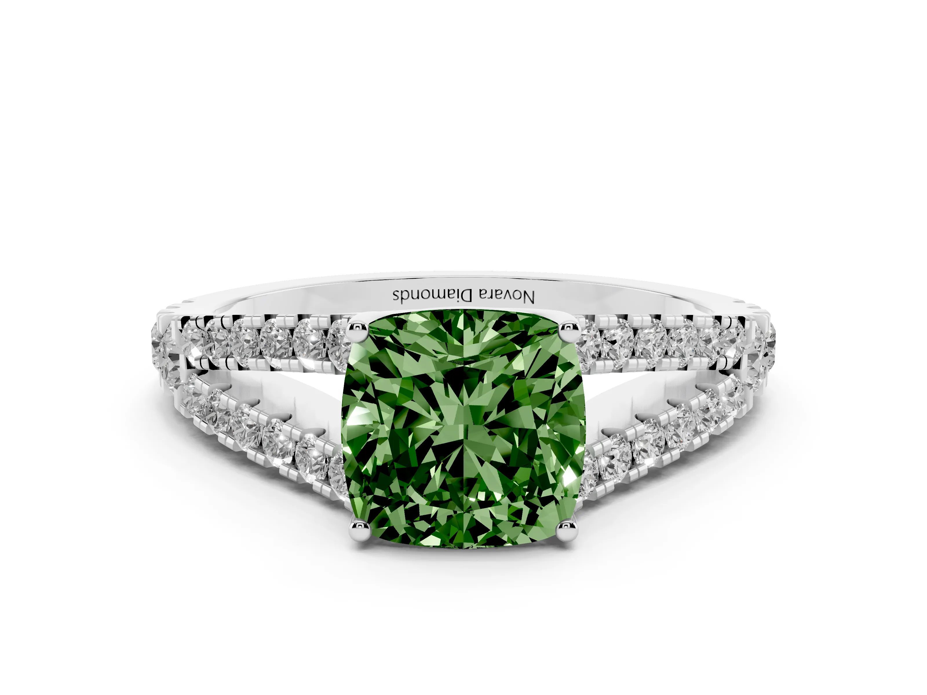Fancy Green Cushion Cut Diamond Split Shank Pavé Engagement Ring Set in White gold with Prong-Held Center Stone