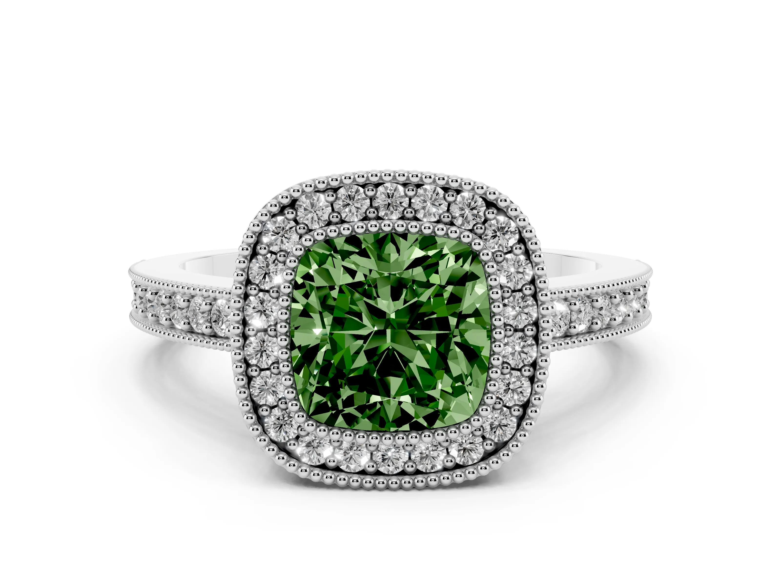 Fancy Green Cushion Cut Diamond Halo Engagement Ring Set in Platinum with Pavé Band and Round Halo Stones