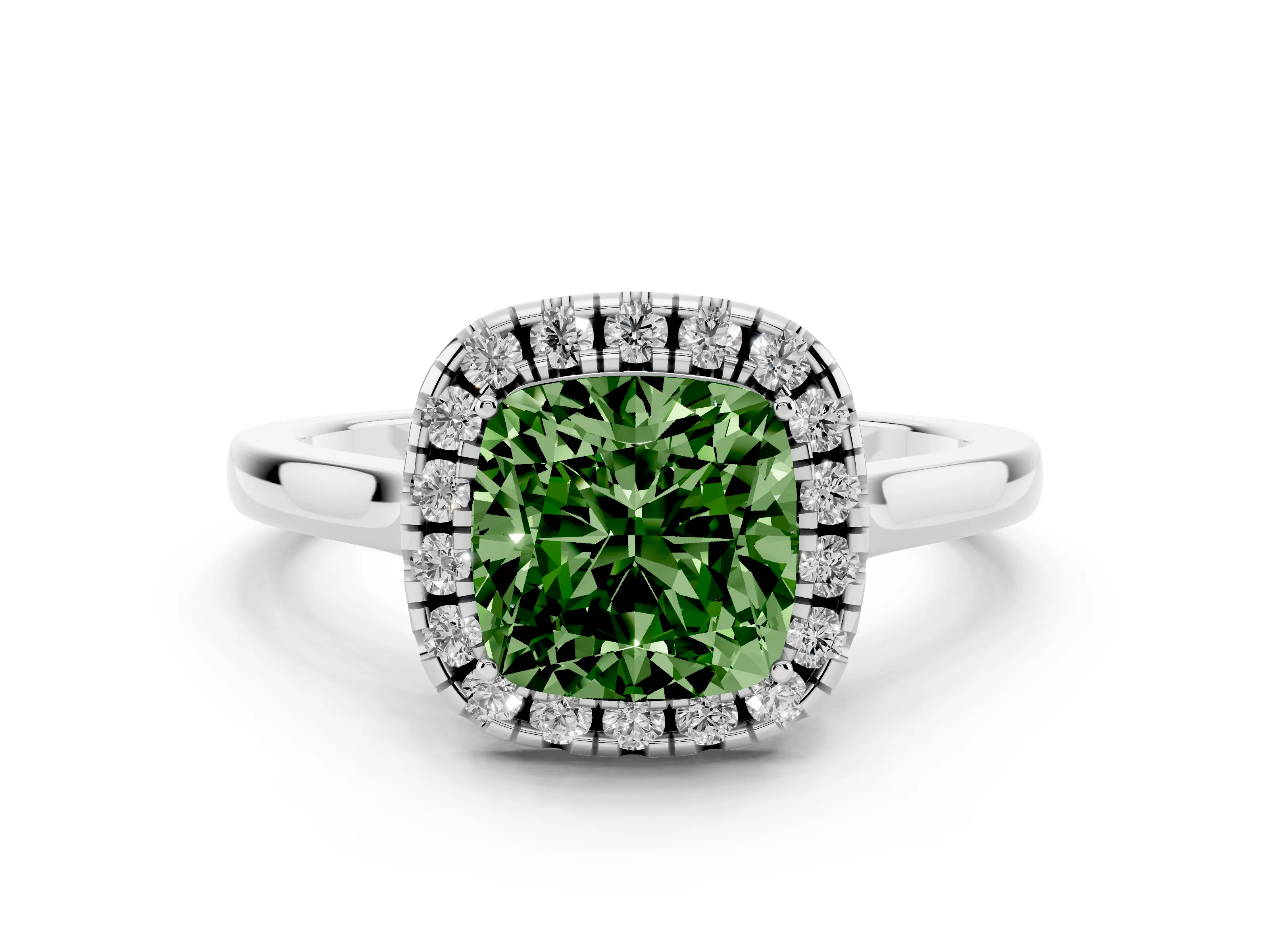 Fancy Green Cushion Cut Halo Round Diamond Solitaire Ring Set in White gold with Pavé Band and Prong Setting