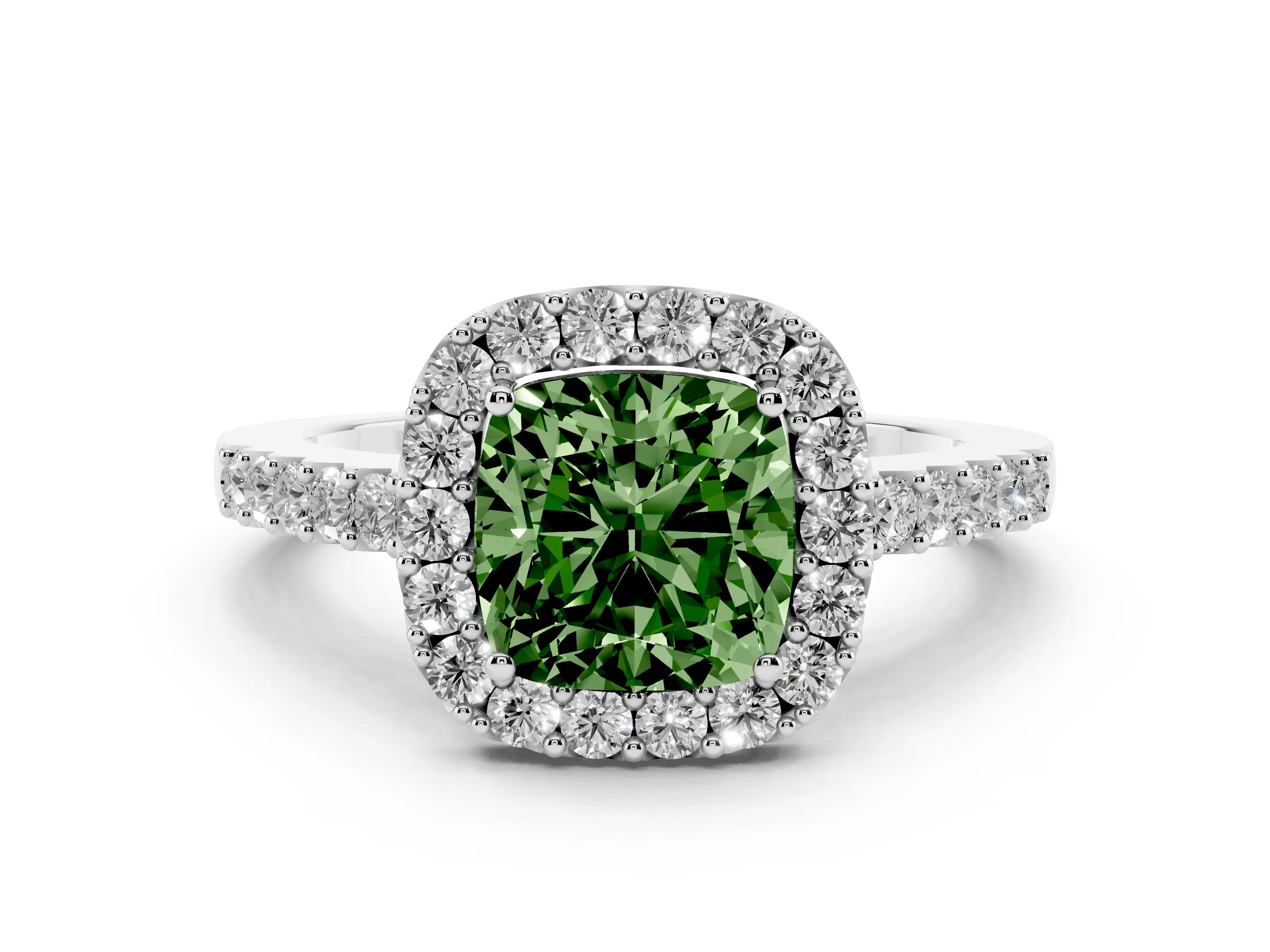 Fancy Green Cushion Cut Diamond Halo Pavé Solitaire Ring Set in Silver with Prong-Set Center Stone
