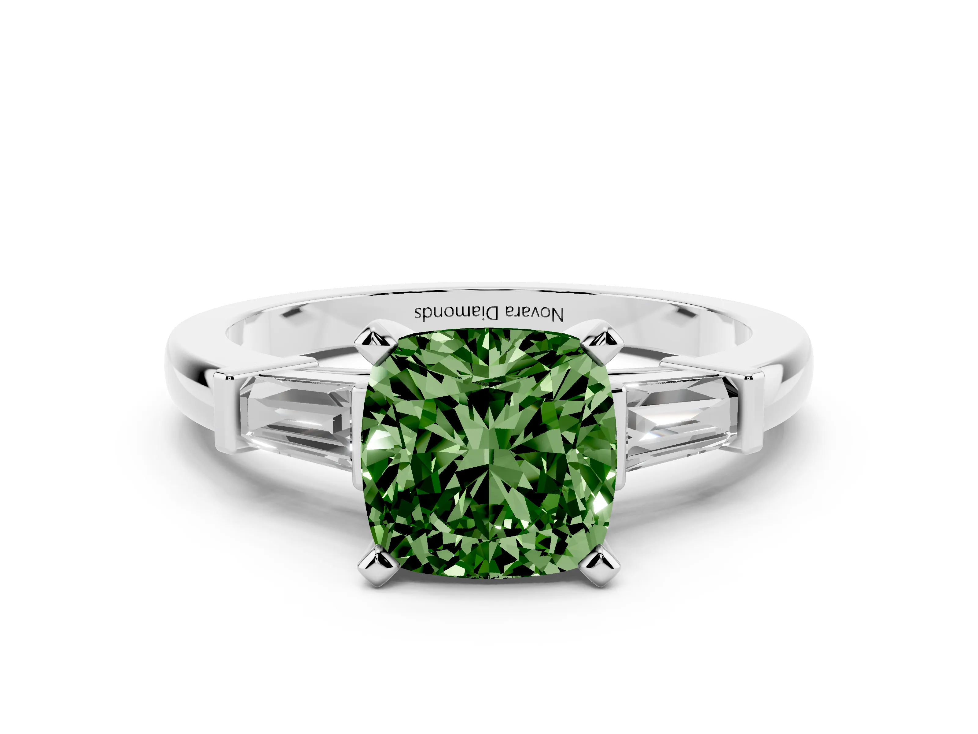 Fancy Green Cushion Cut Diamond Solitaire Ring Set in White gold with Tapered Baguette Accents and Prong Setting