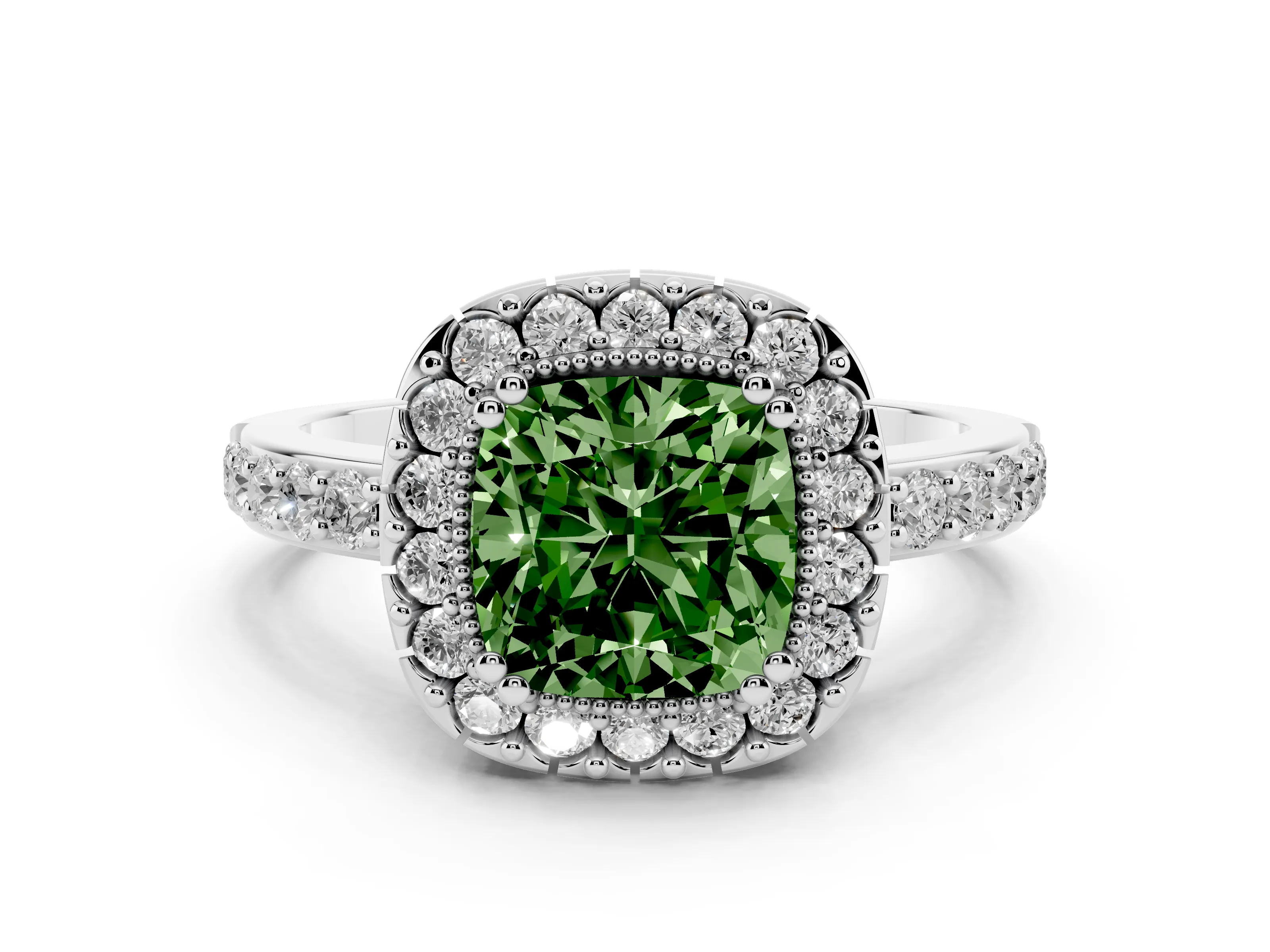 Fancy Green Cushion Cut Diamond Halo Ring Set in White gold with Pavé Shank and Prong Setting