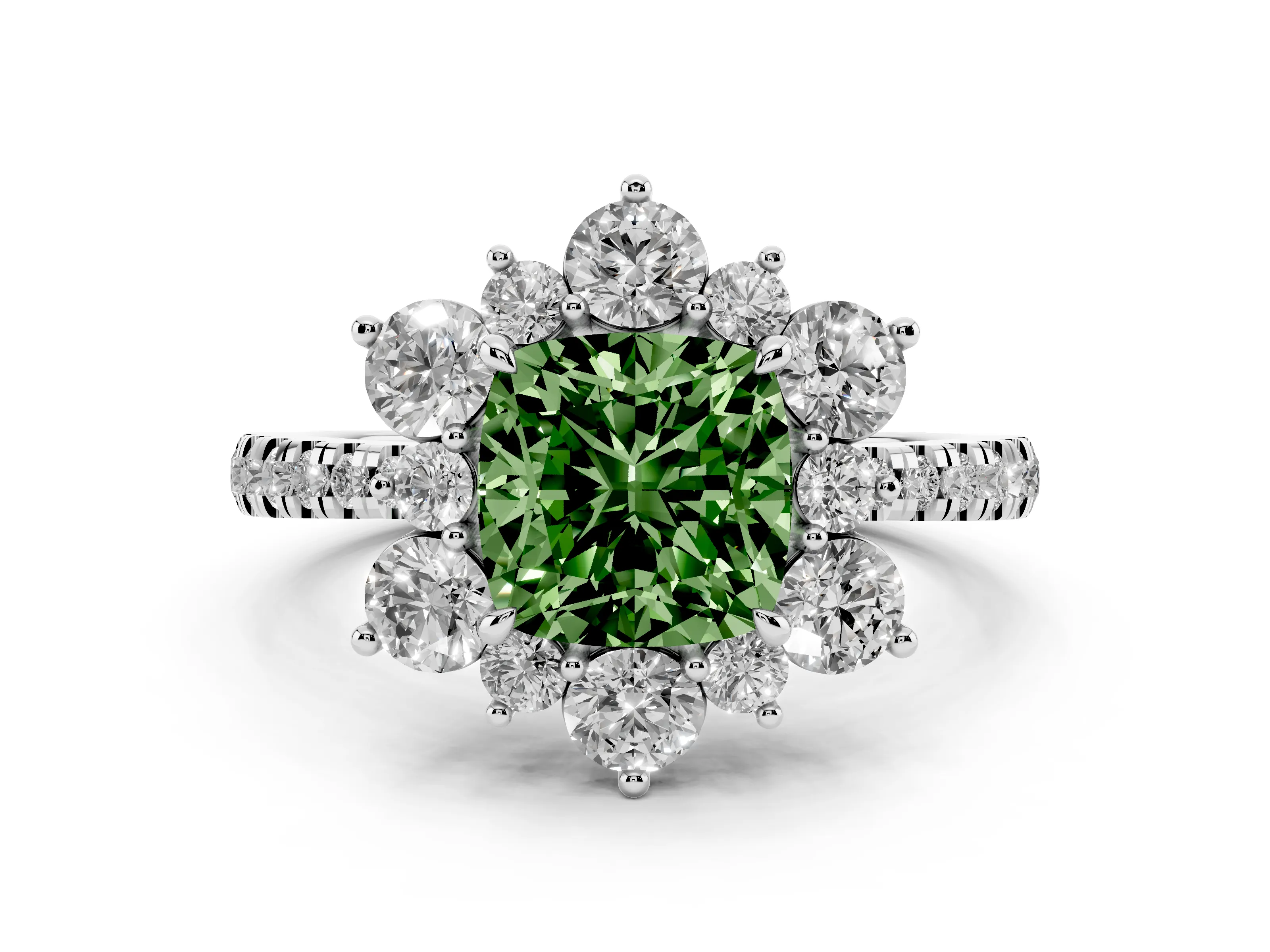 Fancy Green Cushion Cut Diamond Floral Halo Ring Set in Platinum with Round Pavé Band and Prong Setting