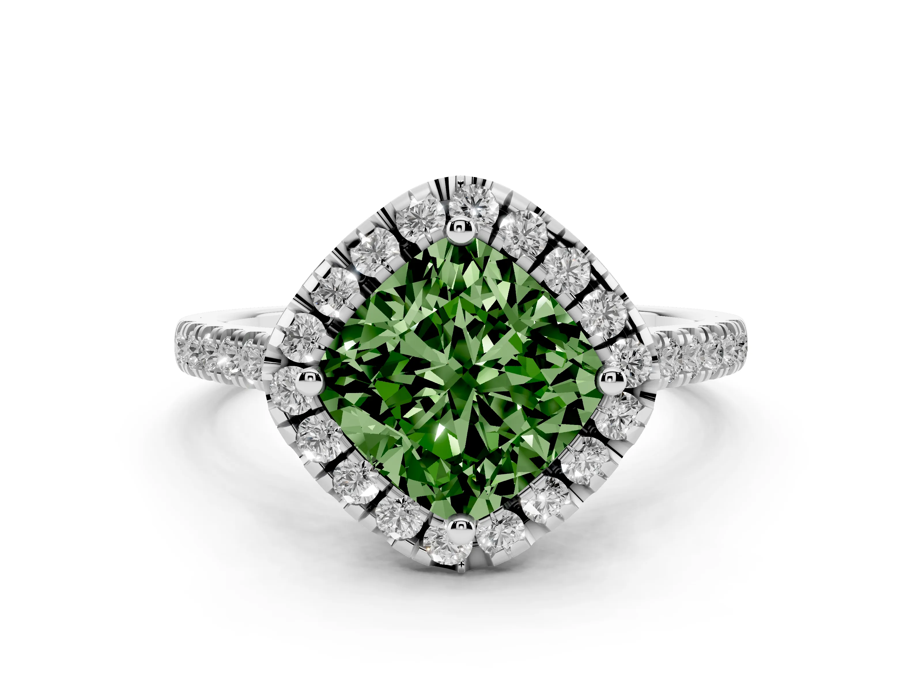 Fancy Green Cushion Cut Diamond Cushion Halo Ring Set in Silver with Pavé Band