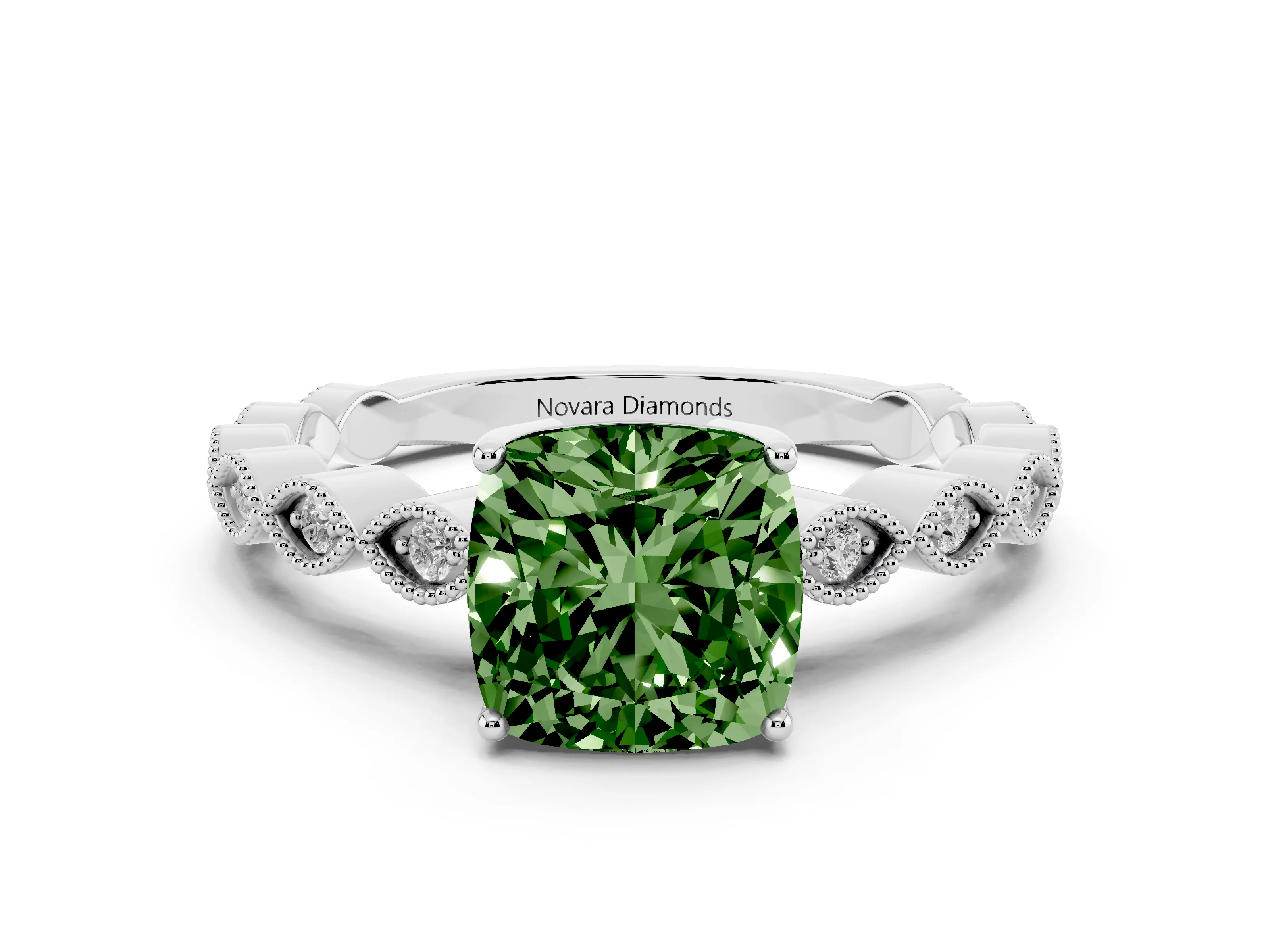 Fancy Green Cushion Cut Diamond Solitaire Ring Set in White gold with Infinity Twist Pavé Band