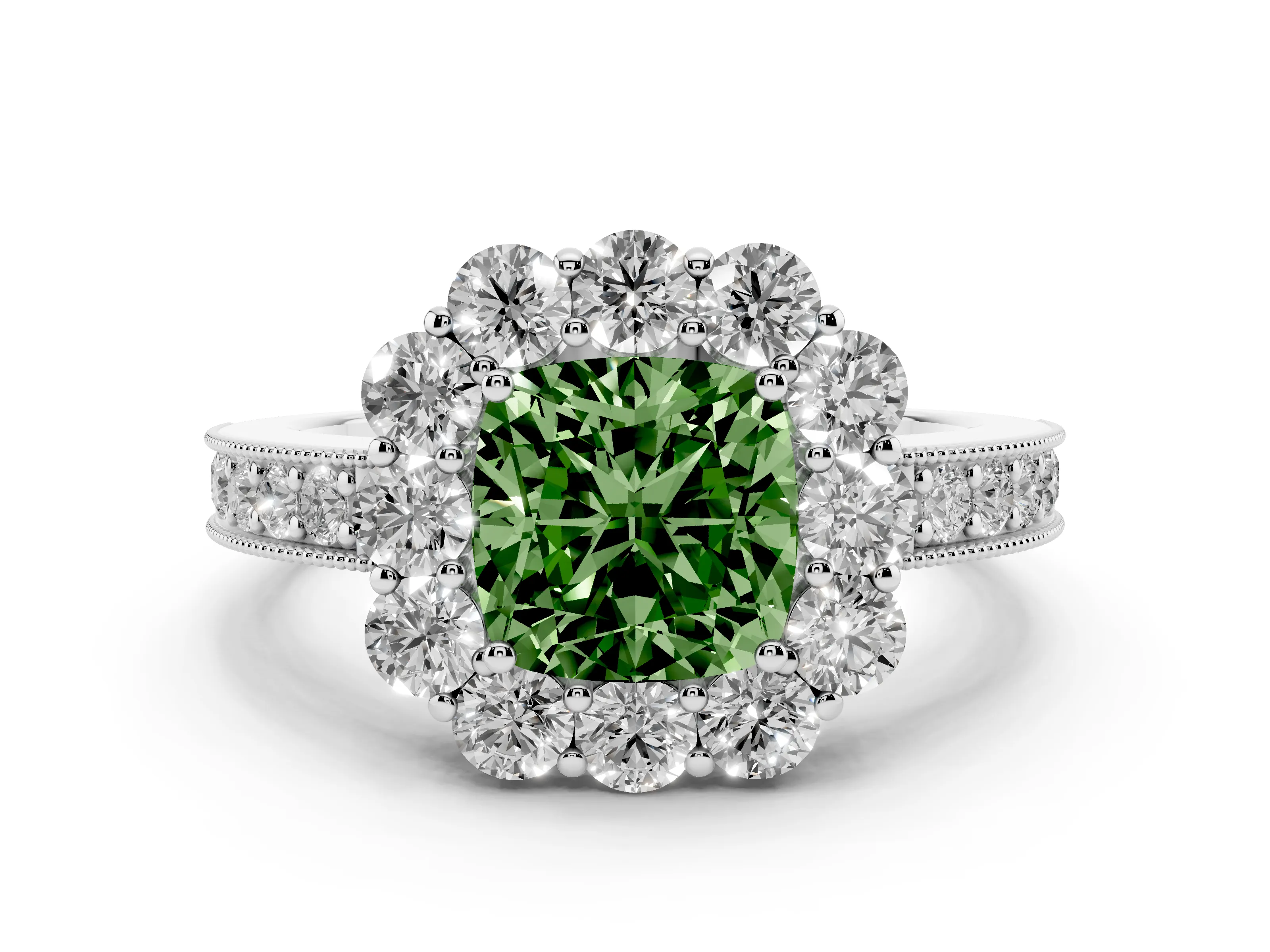 Fancy Green Cushion Cut Diamond Halo Pavé Engagement Ring Set in White gold with Milgrain Detailing