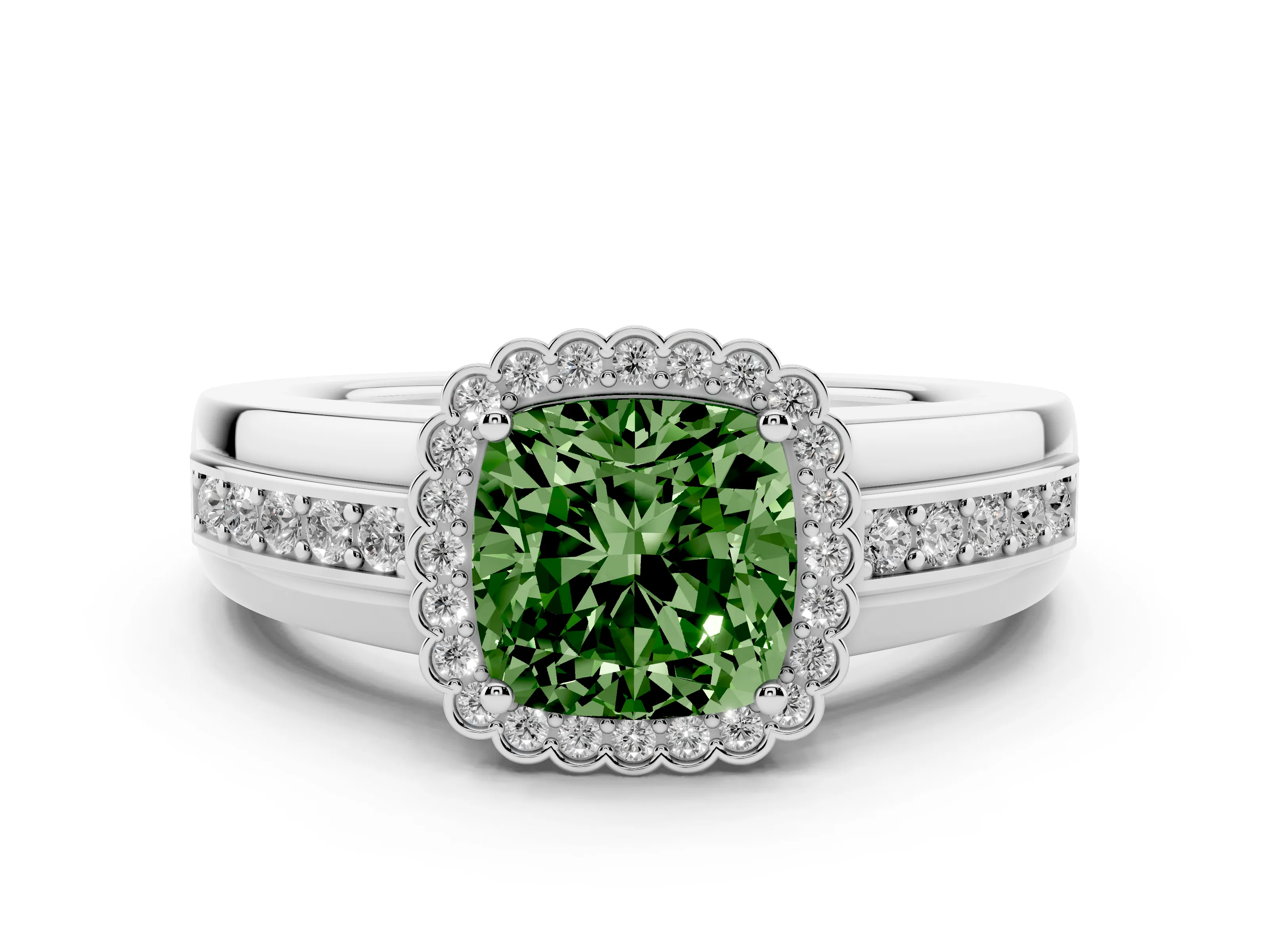 Fancy Green Cushion Cut Diamond Halo Prong Ring Set in Platinum with Pavé Band