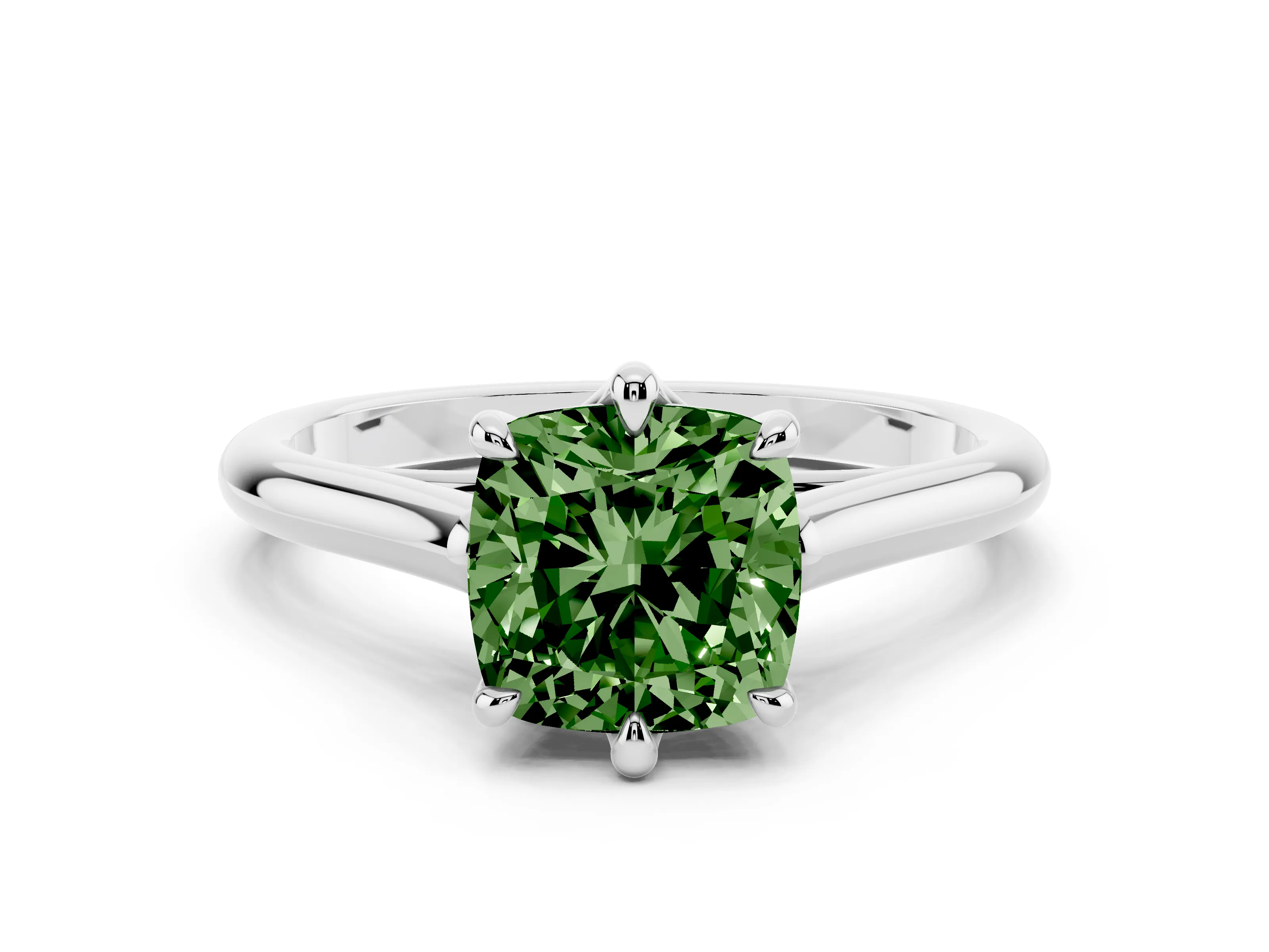 Fancy Green Cushion Cut Diamond Solitaire Engagement Ring Set in Platinum with Prong Setting and Plain Classic Band