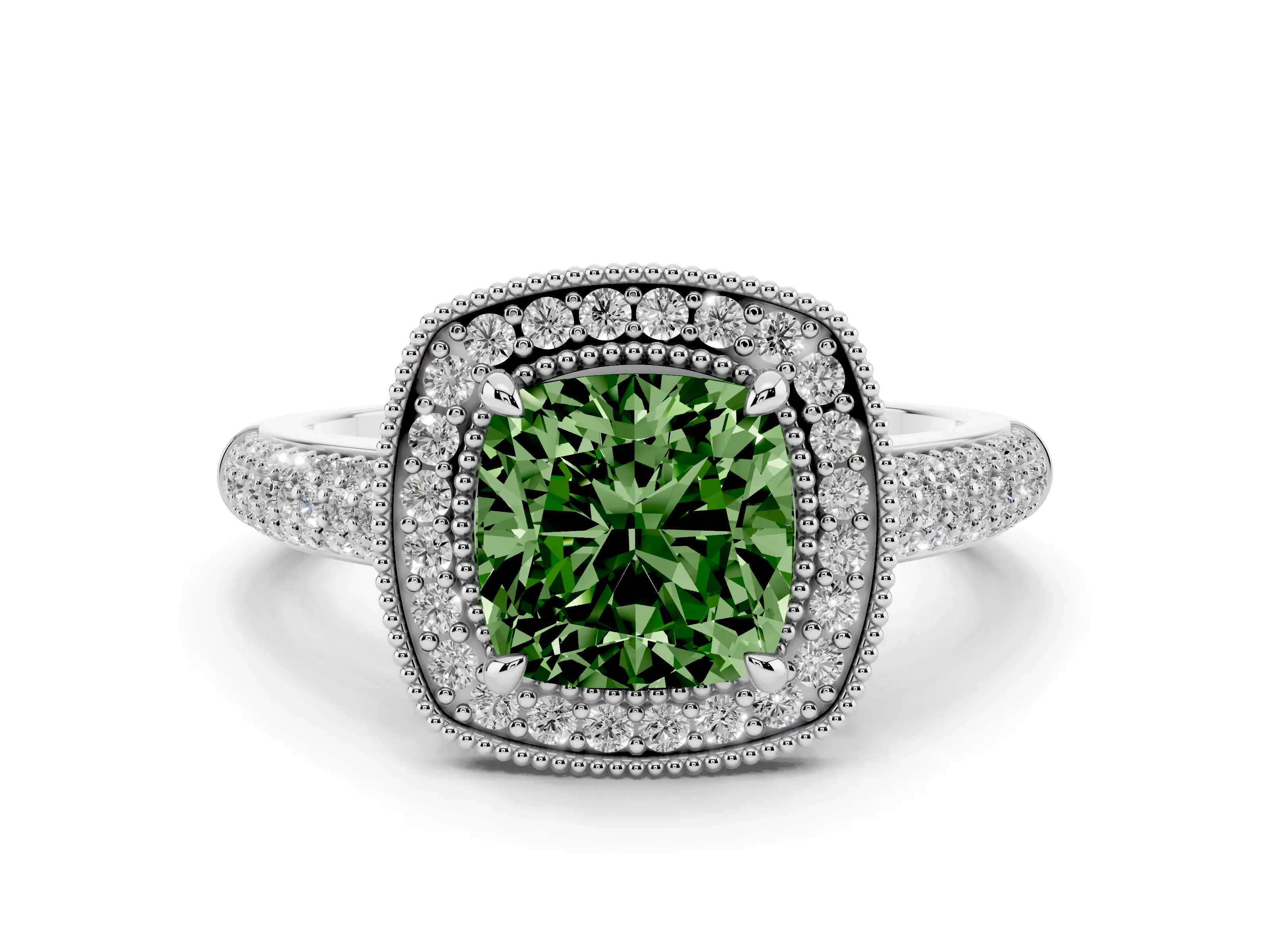 Fancy Green Cushion Cut Diamond Halo Pavé Band Set in Platinum with Prong Setting