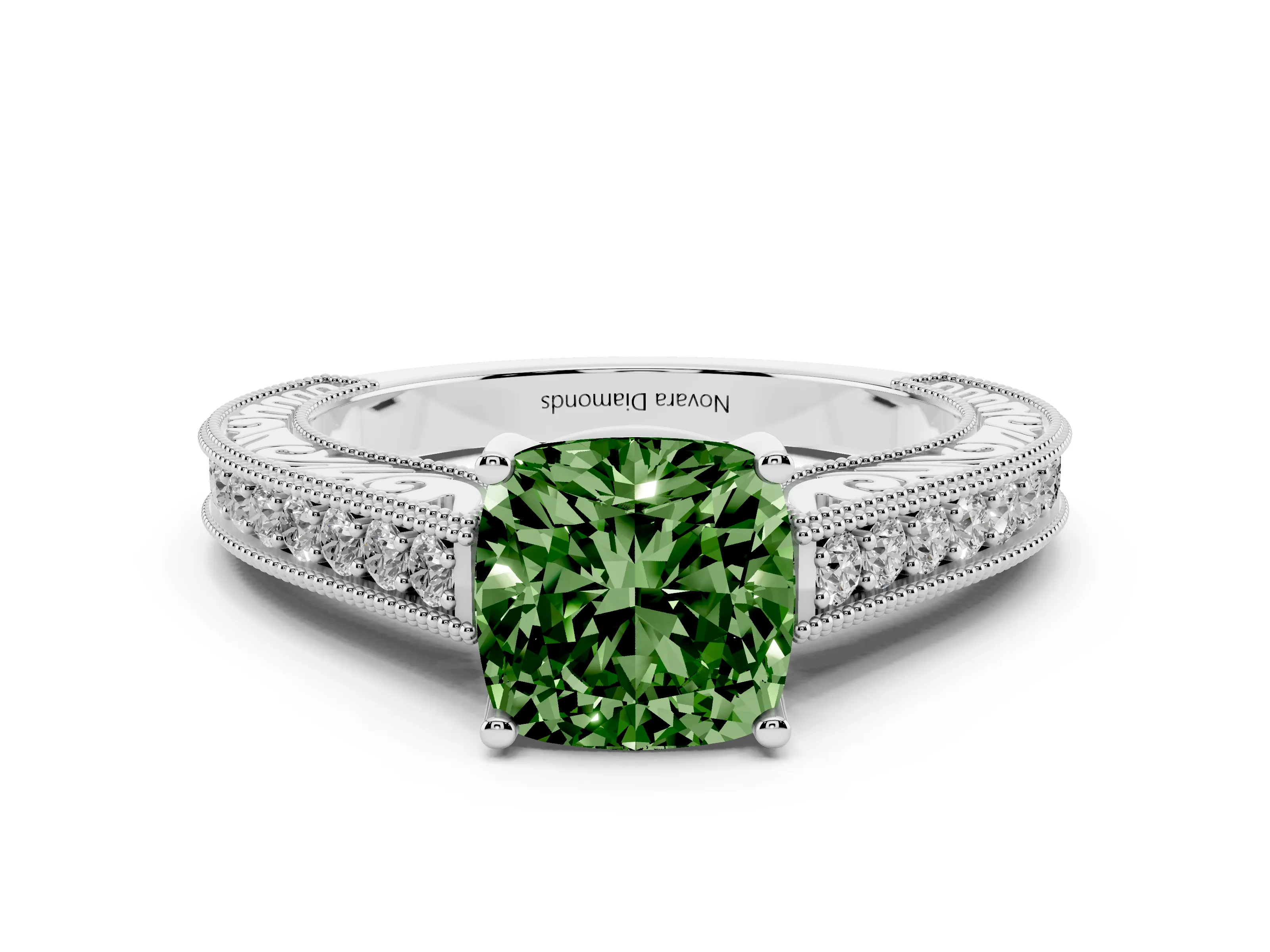 Fancy Green Cushion Cut Diamond Milgrain Pavé Band Solitaire Ring Set in White gold with Prong Setting