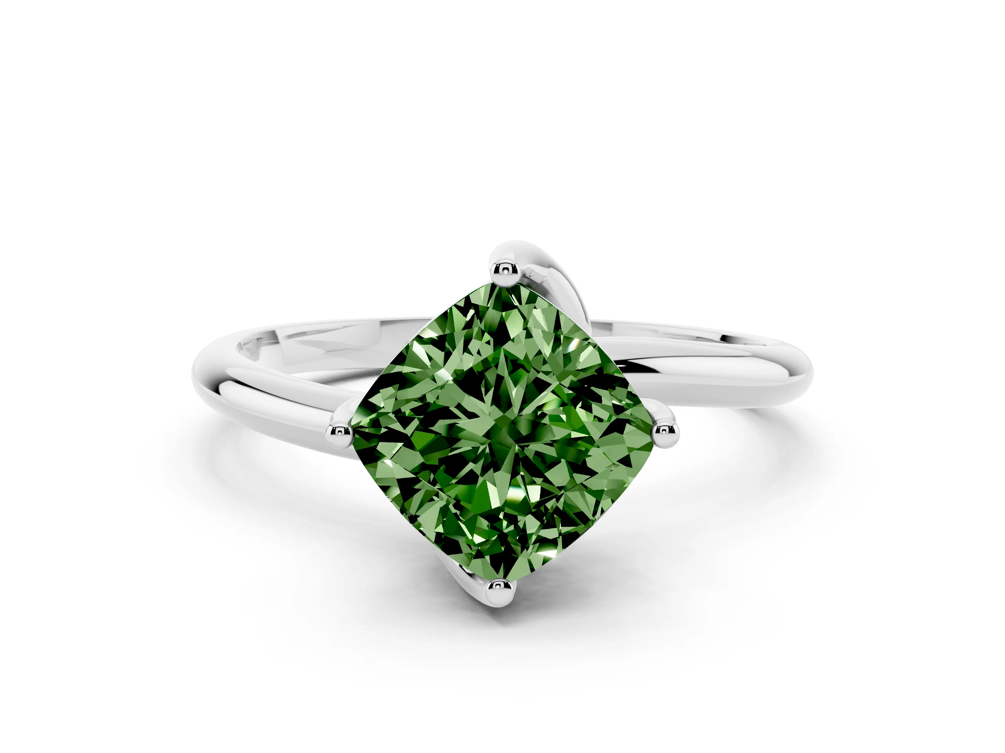 Fancy Green Cushion Cut Diamond Solitaire Engagement Ring Set in Platinum with Classic Plain Band