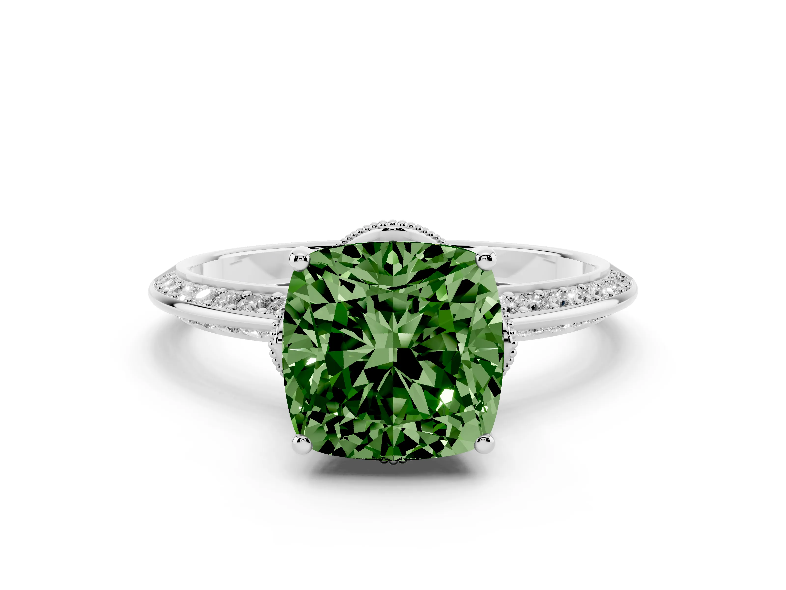 Fancy Green Cushion Cut Diamond Solitaire Engagement Ring Set in Silver with Pavé Split Shank and Prong Setting