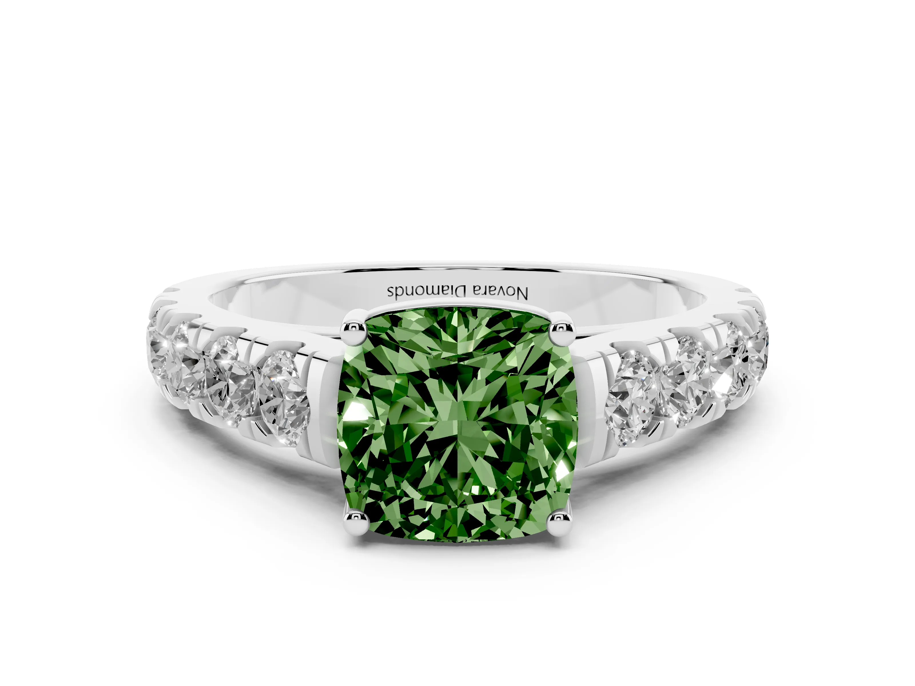 Fancy Green Cushion Cut Diamond Solitaire Ring Set in Platinum with Cut-Down Micro Pavé Band and Prong Setting