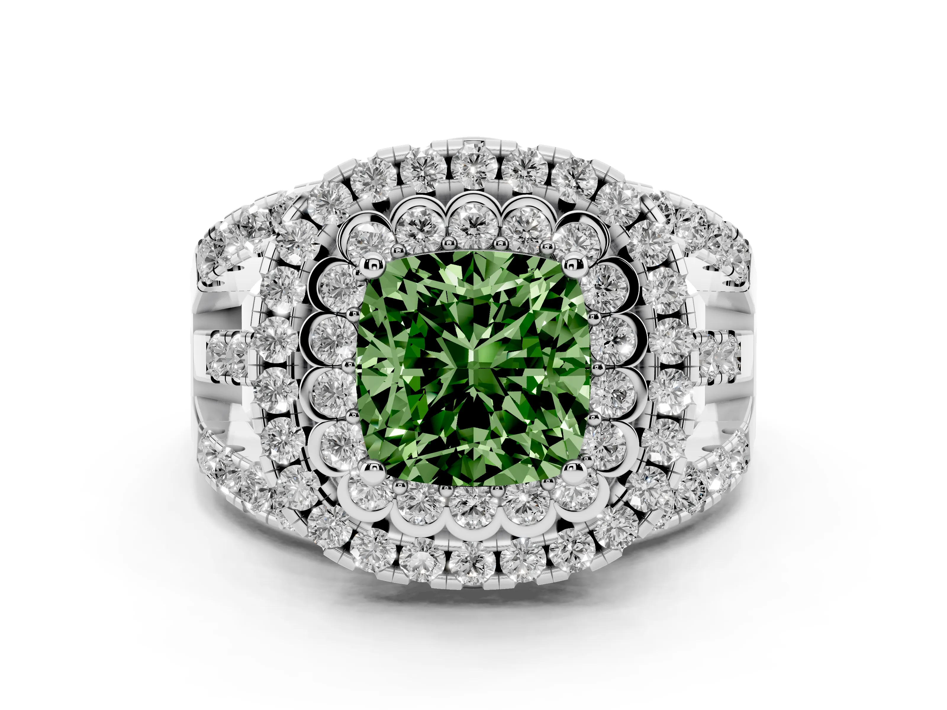 Fancy Green Cushion Cut Diamond Double Halo Ring Set in White gold with Round Pavé Split Shank