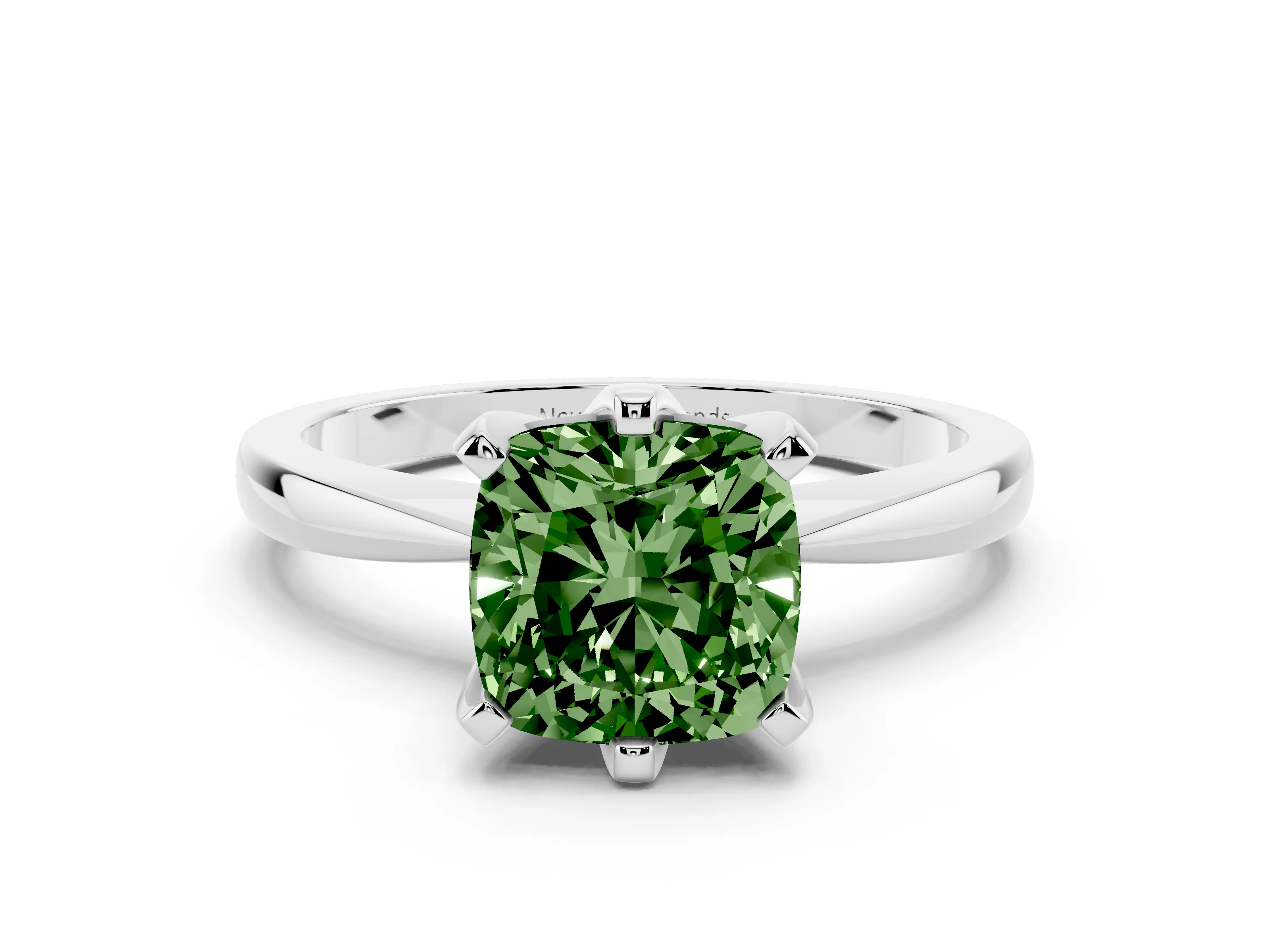 Fancy Green Cushion Cut Diamond Solitaire Engagement Ring Set in White gold with Slim Tapered Solitaire Band