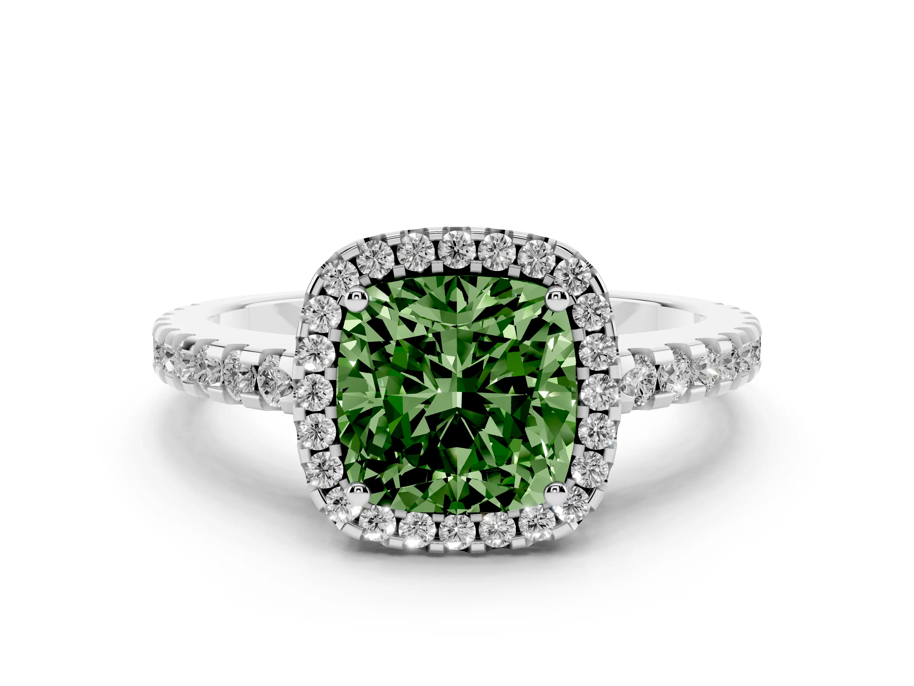 Fancy Green Cushion Cut Diamond Halo Ring Set in Platinum with Pavé Shoulders and Halo-Framed Center