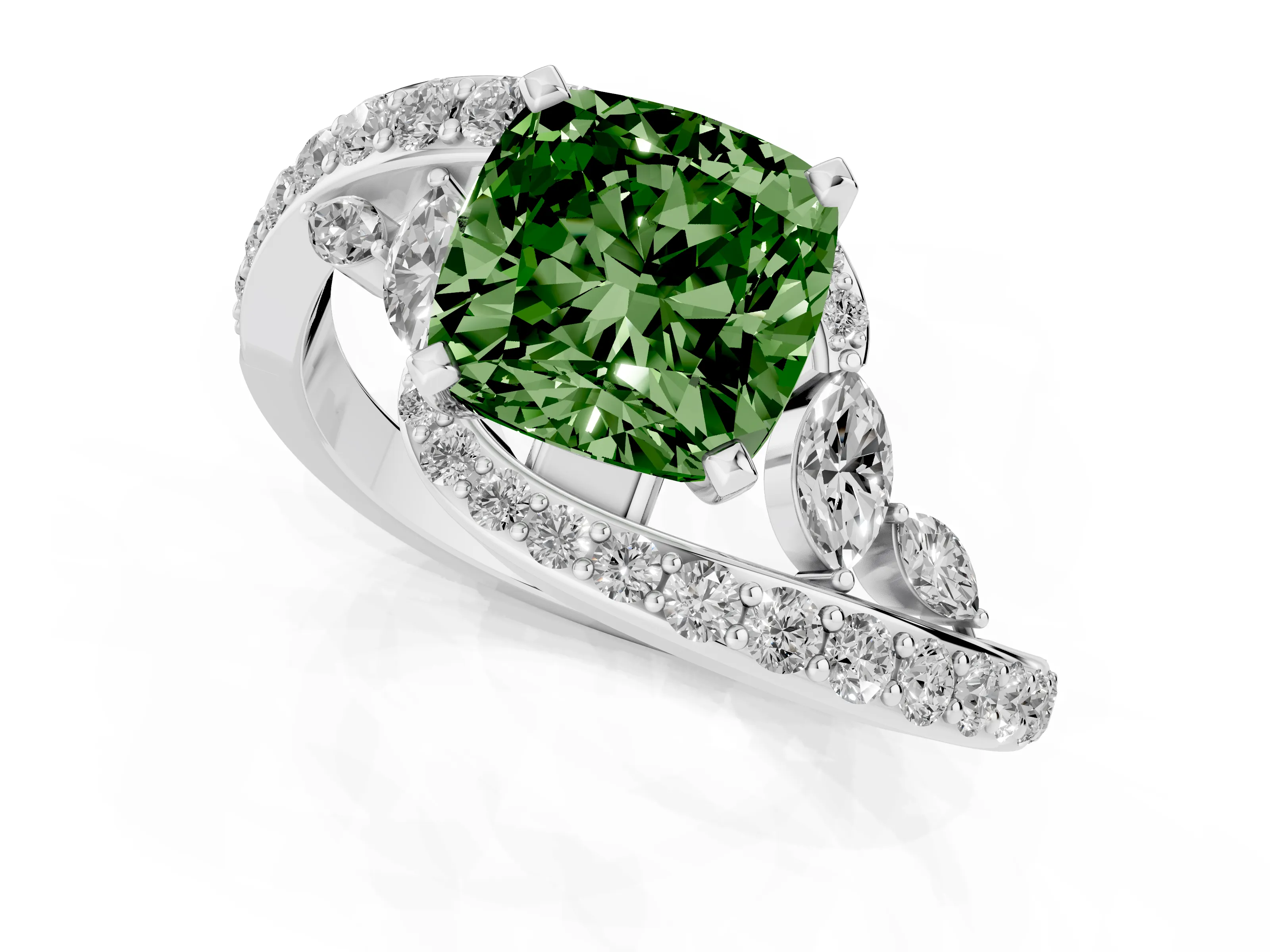 Fancy Green Cushion Cut Diamond Solitaire Ring Set in Silver with Pavé Twist Band and Secure Prong Setting