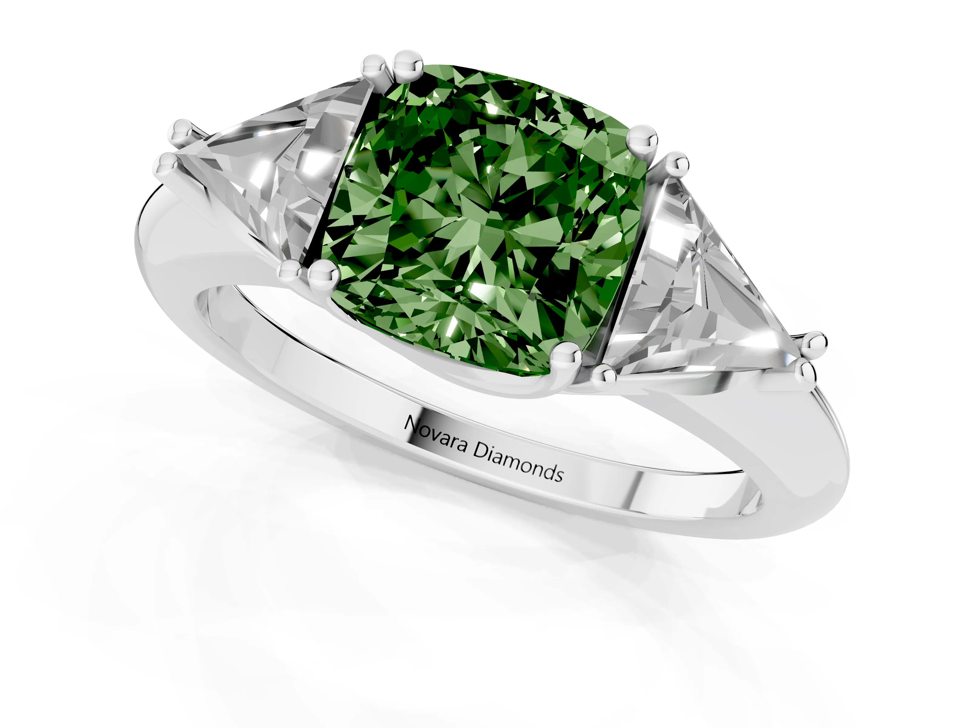 Fancy Green Cushion Cut Diamond Three-Stone Engagement Ring Set in Silver with Trillion Side Stones