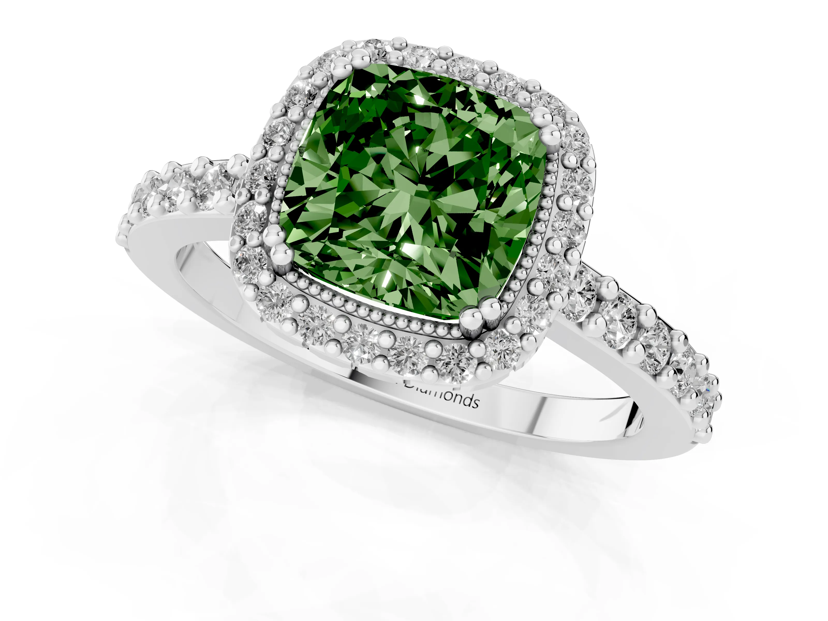 Fancy Green Cushion Cut Diamond Halo Engagement Ring Set in Silver with Milgrain Detail and Pavé Band