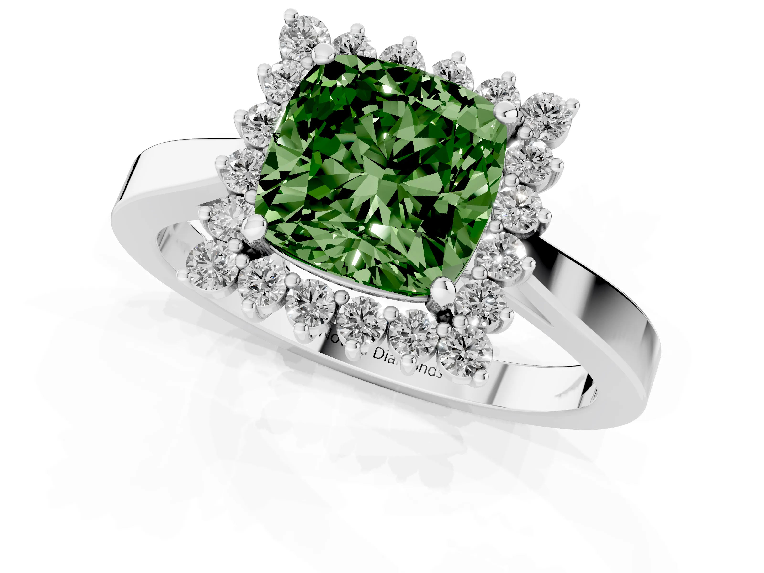 Fancy Green Cushion Cut Diamond Halo Ring Set in White gold with Round Halo and Smooth Solitaire Band