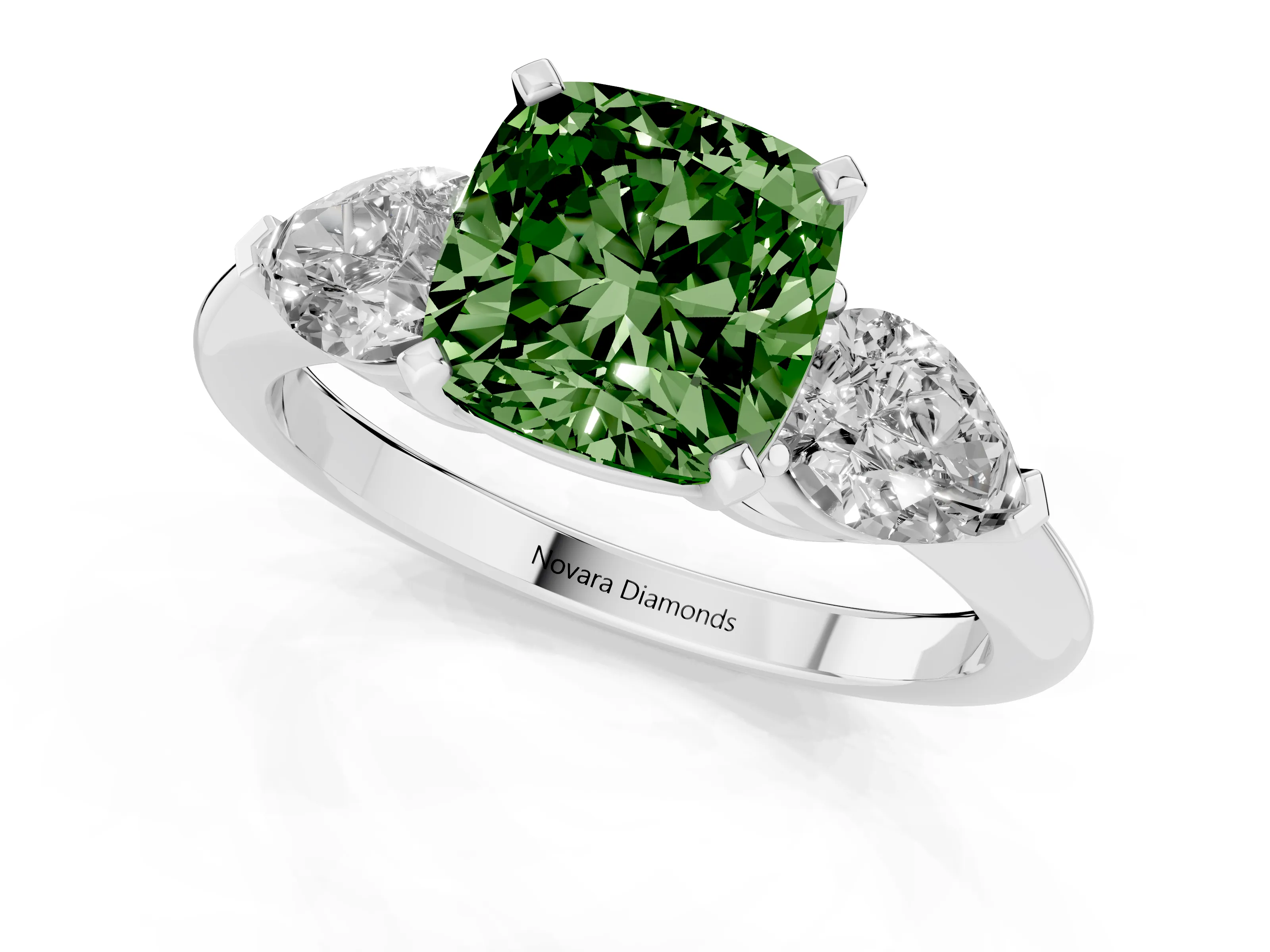 Fancy Green Three-Stone Cushion Cut Diamond Ring Set in Platinum with Pear Side Stones and Prong Setting