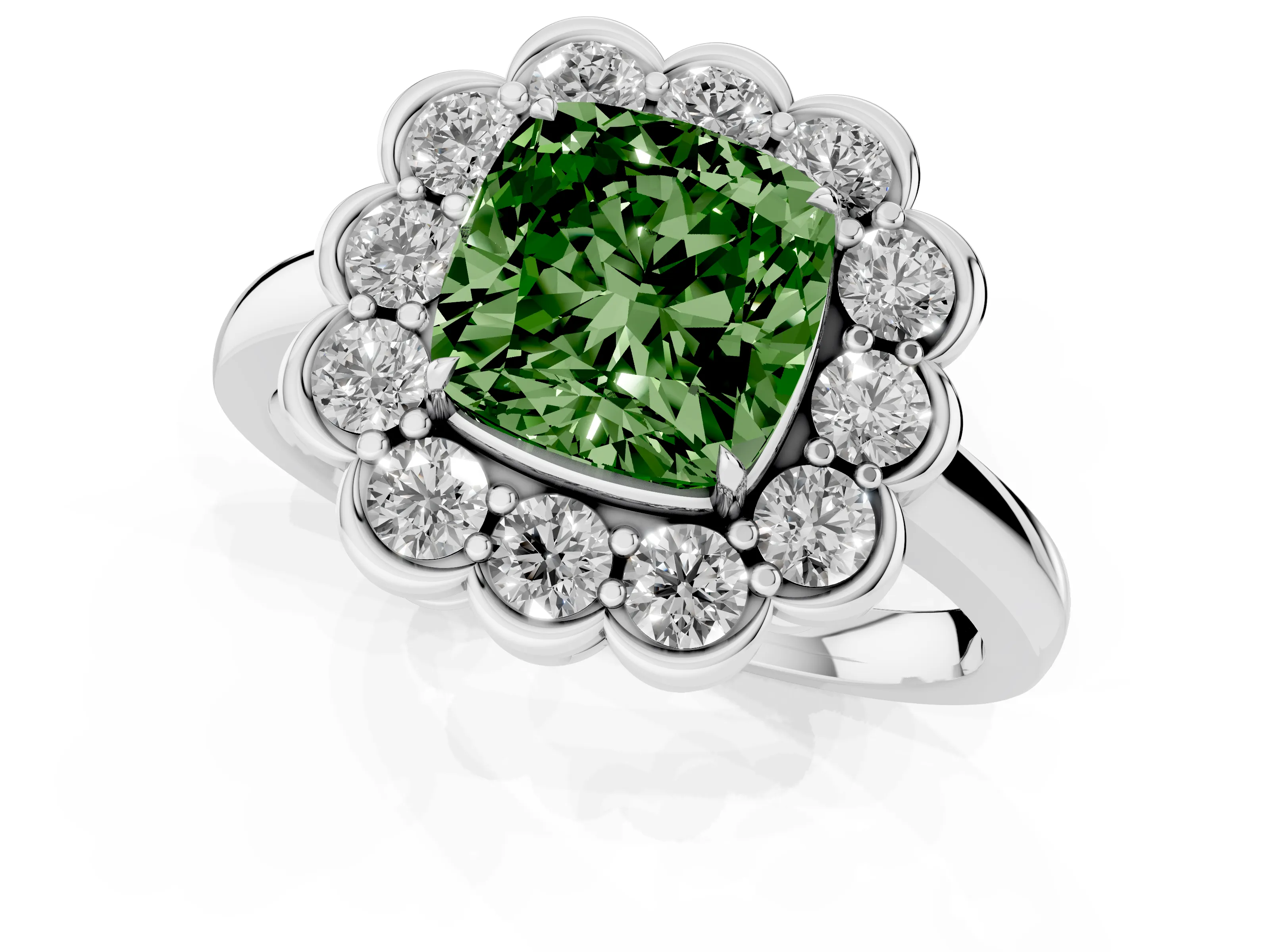 Fancy Green Cushion Cut Diamond Halo Cluster Engagement Ring Set in White gold with Solitaire Band and Prong Setting