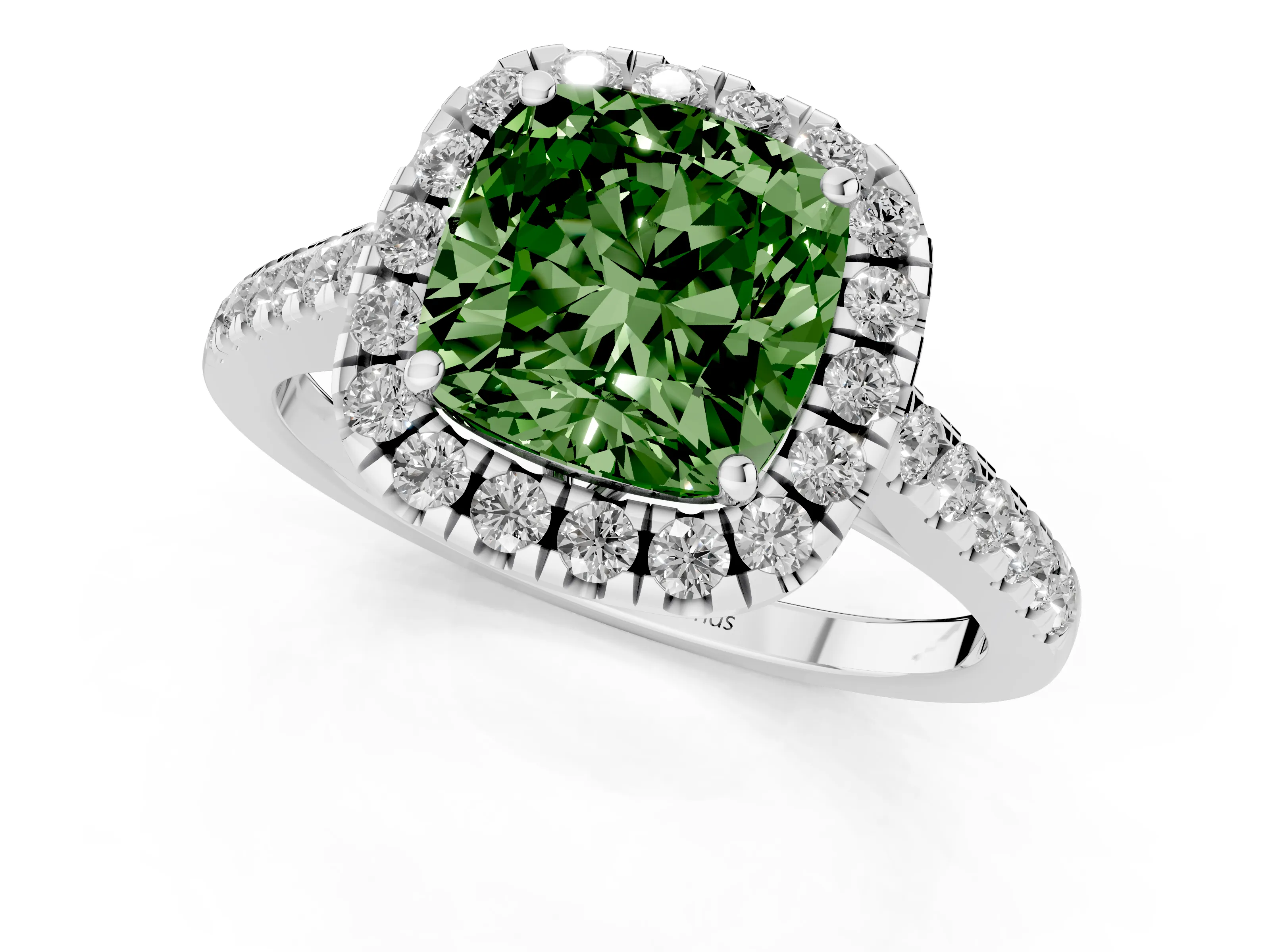 Fancy Green Cushion Cut Diamond Pavé Halo Engagement Ring Set in White gold with Pavé Band and Prong Setting