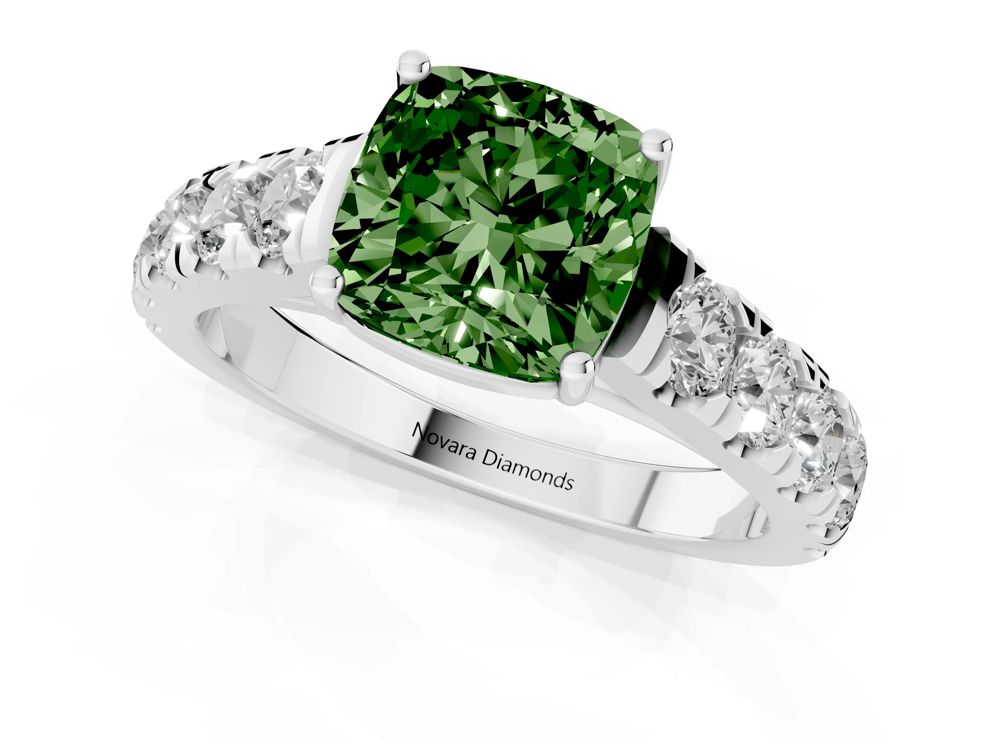 Fancy Green Cushion Cut Diamond Solitaire Ring Set in Platinum with Cut-Down Micro Pavé Band and Prong Setting