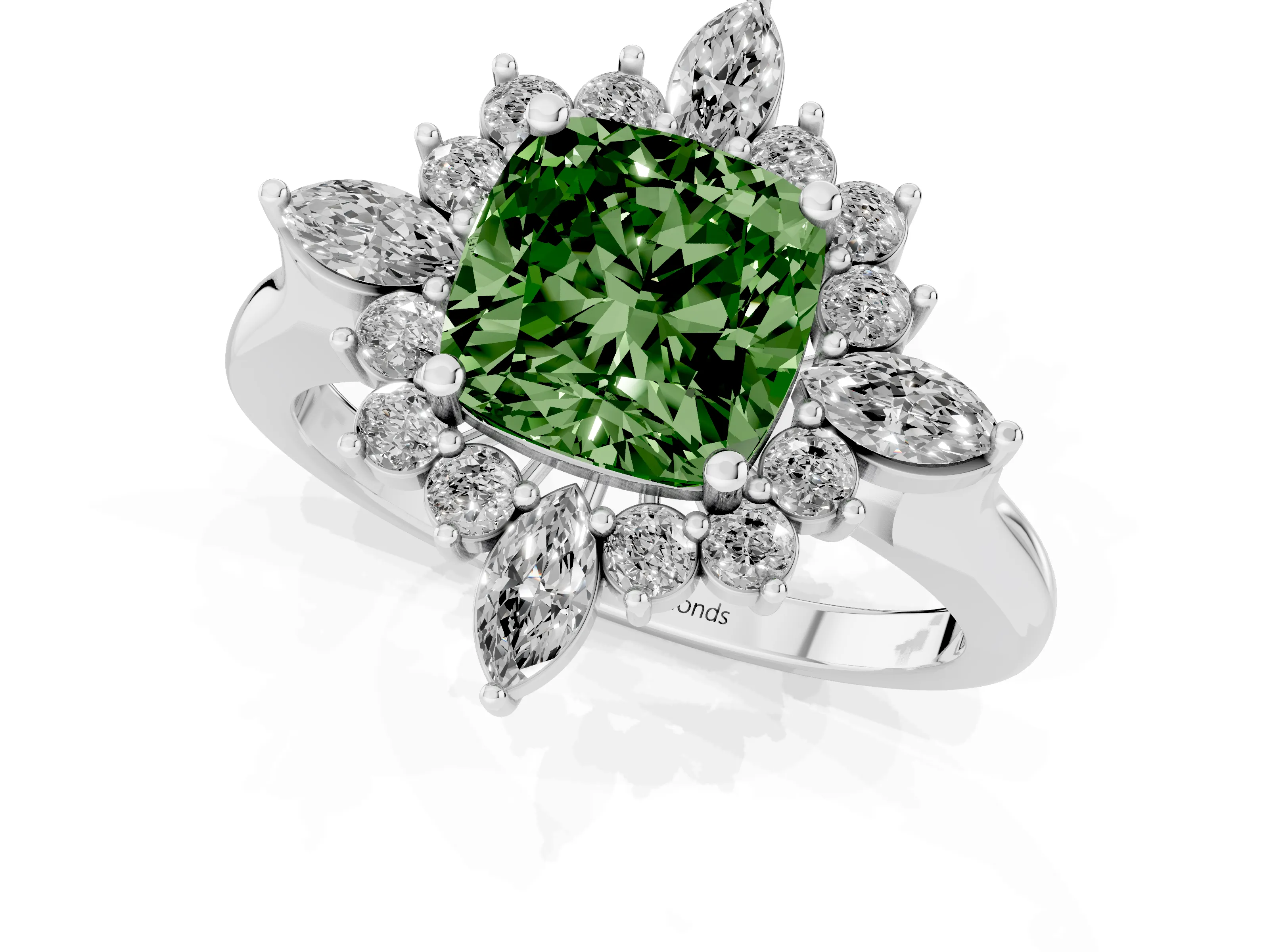 Fancy Green Cushion Cut Diamond Cluster Halo Ring Set in Platinum with Marquise and Round Accents