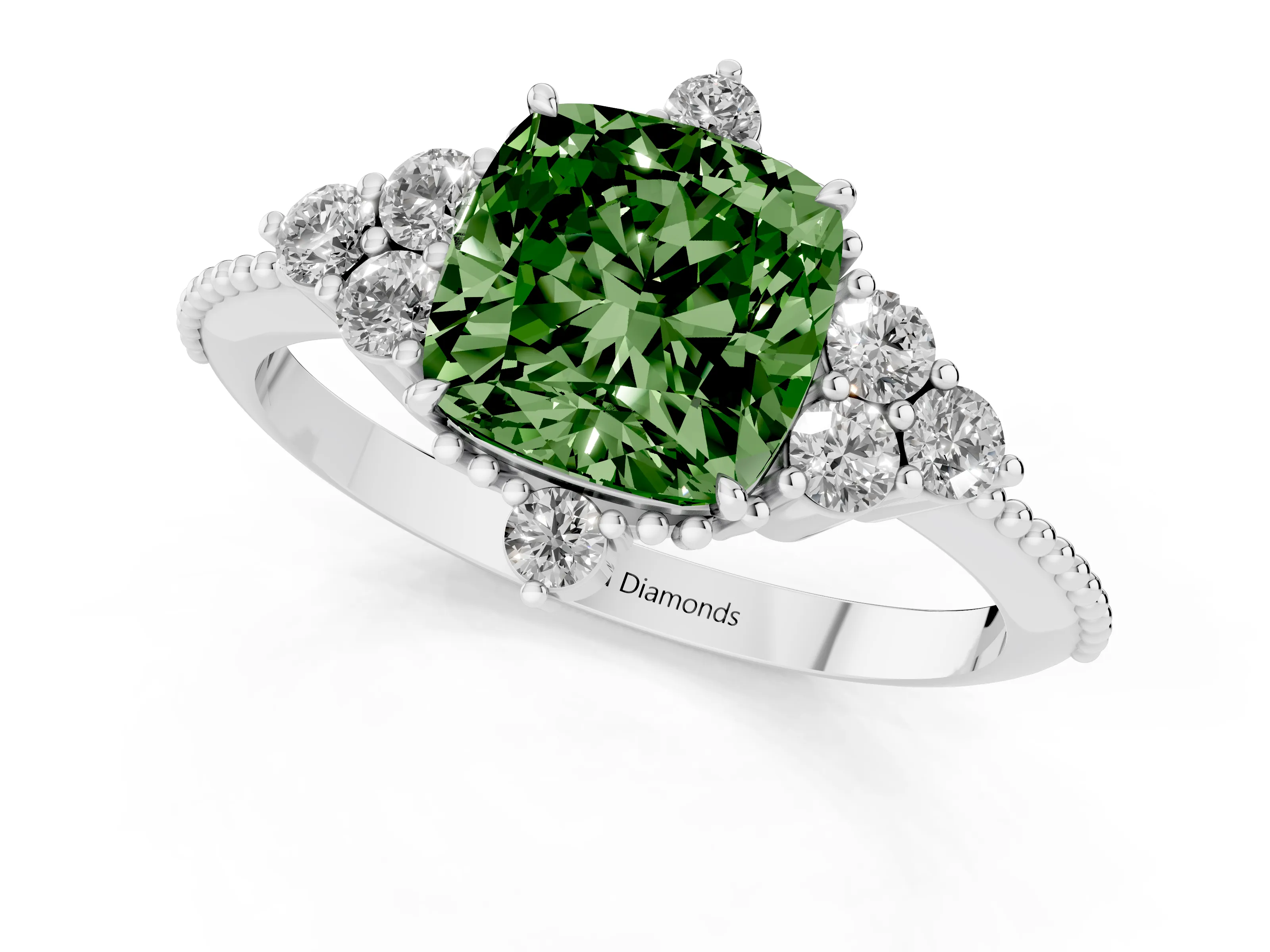 Fancy Green Cushion Cut Diamond Cluster Ring Set in Silver with Beaded Band