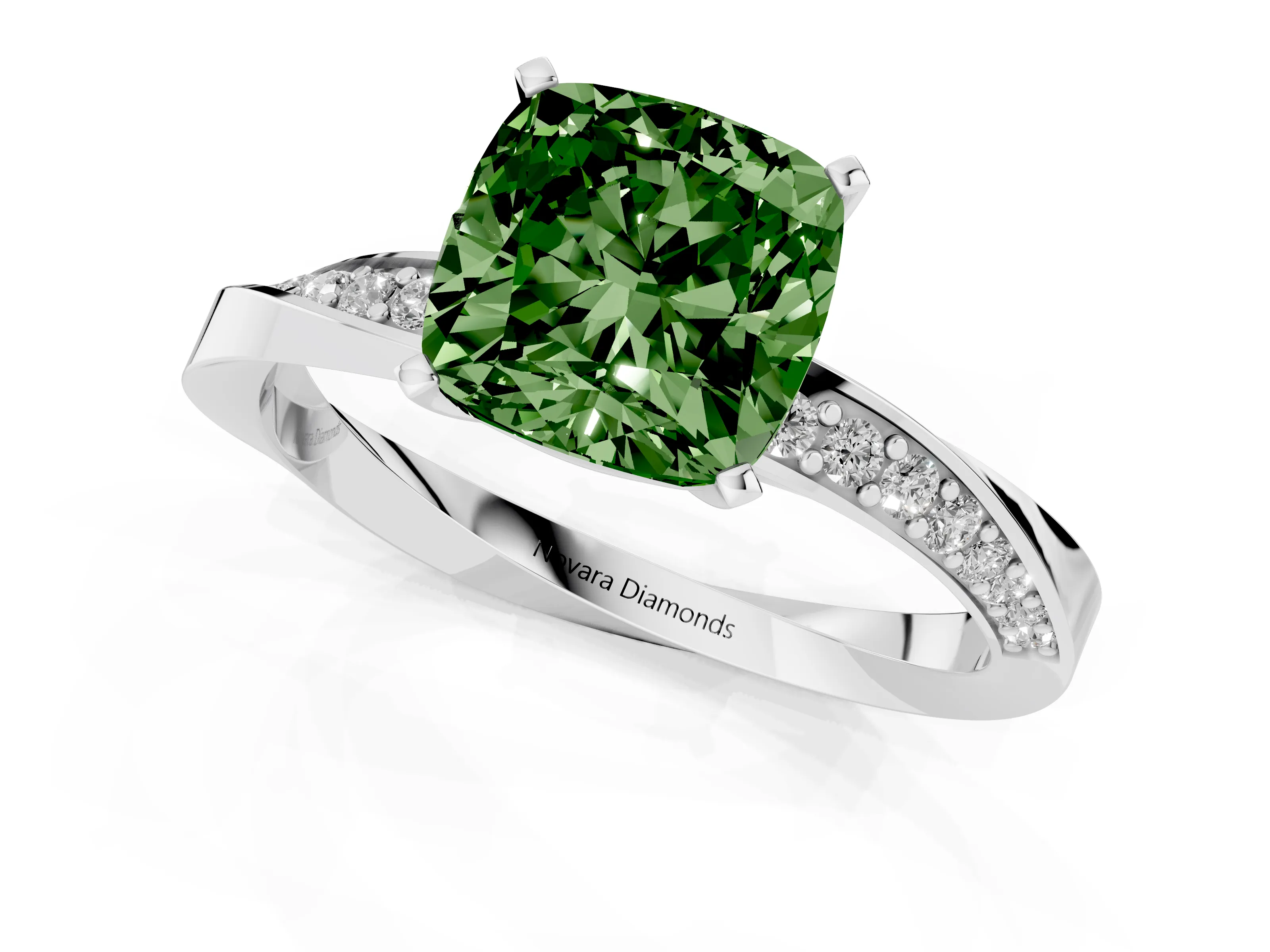 Fancy Green Cushion Cut Diamond Engagement Ring Set in Platinum with Side Stone Accents and Prong Setting – second view