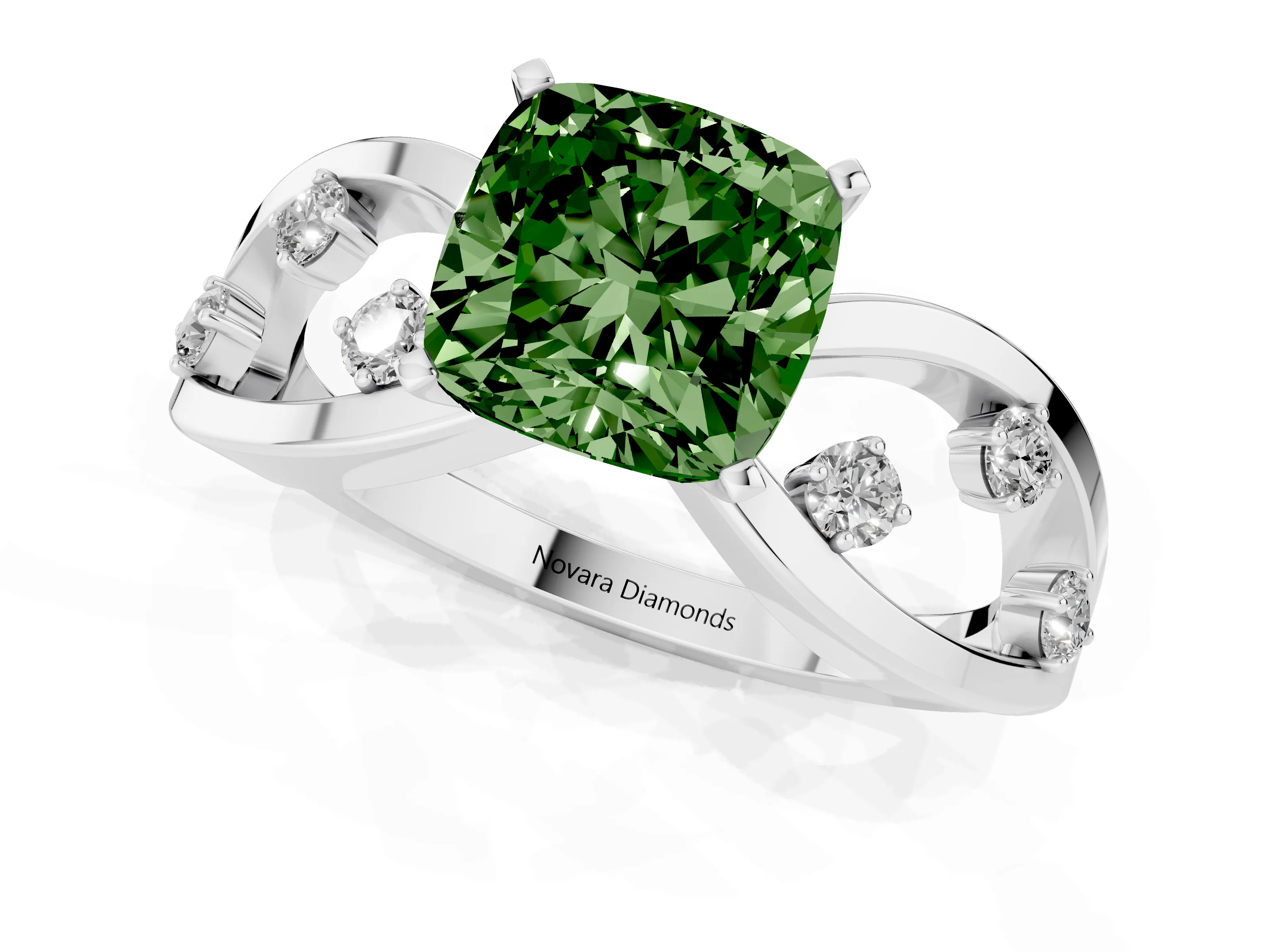 Fancy Green Cushion Cut Diamond Solitaire Ring Set in Silver with Side Stones on Criss-Cross Band and Prong Setting