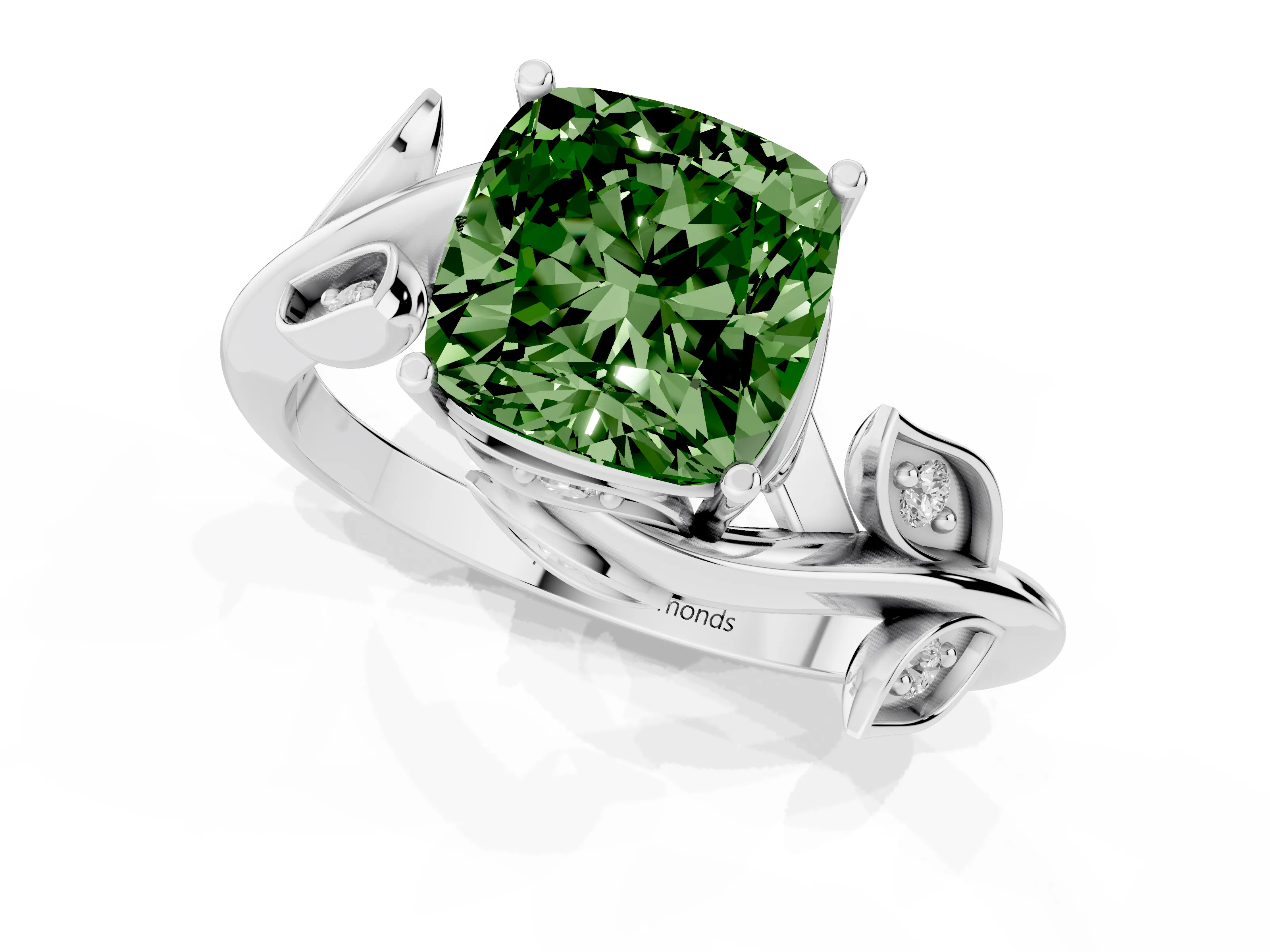 Fancy Green Cushion Cut Diamond Solitaire Twist Engagement Ring Set in Platinum with Pavé Leaf Accents