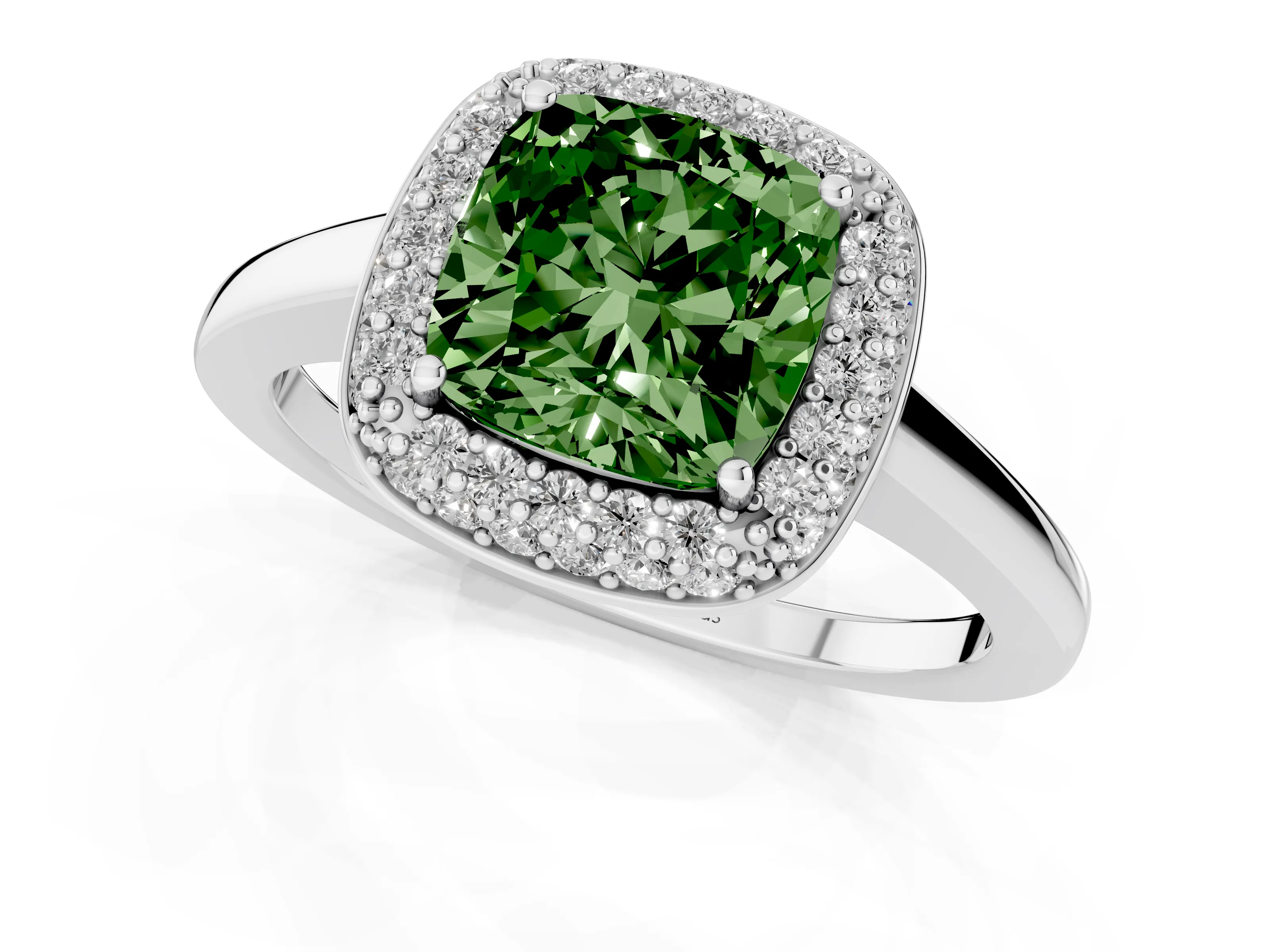 Fancy Green Cushion Cut Diamond Halo Engagement Ring Set in Platinum with Solitaire Band and Prong Setting