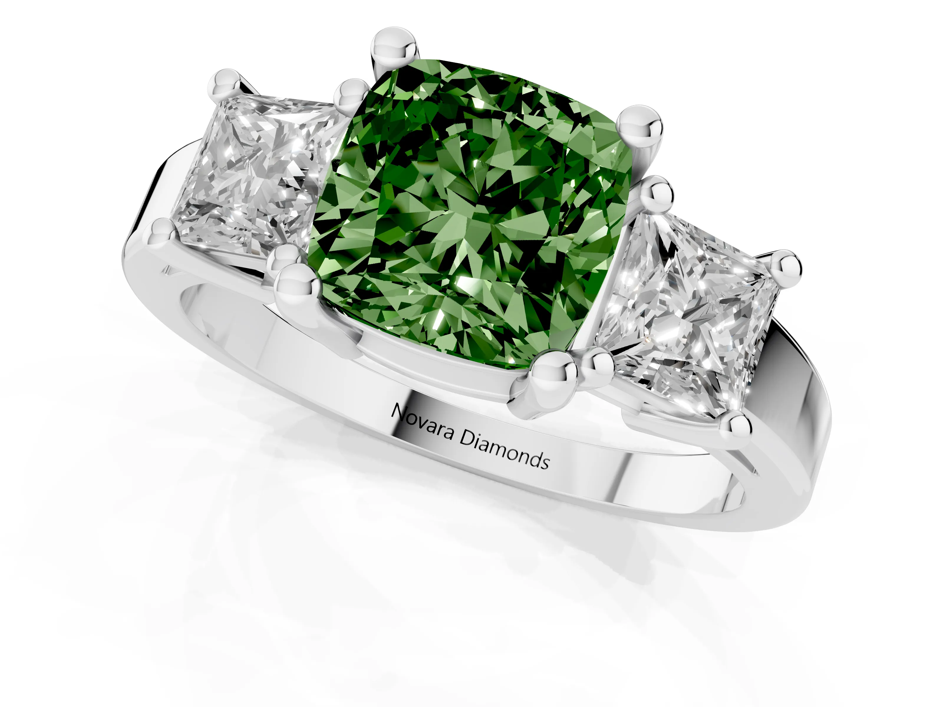 Fancy Green Three-Stone Cushion Cut Diamond Solitaire Ring Set in Silver with Prong Setting