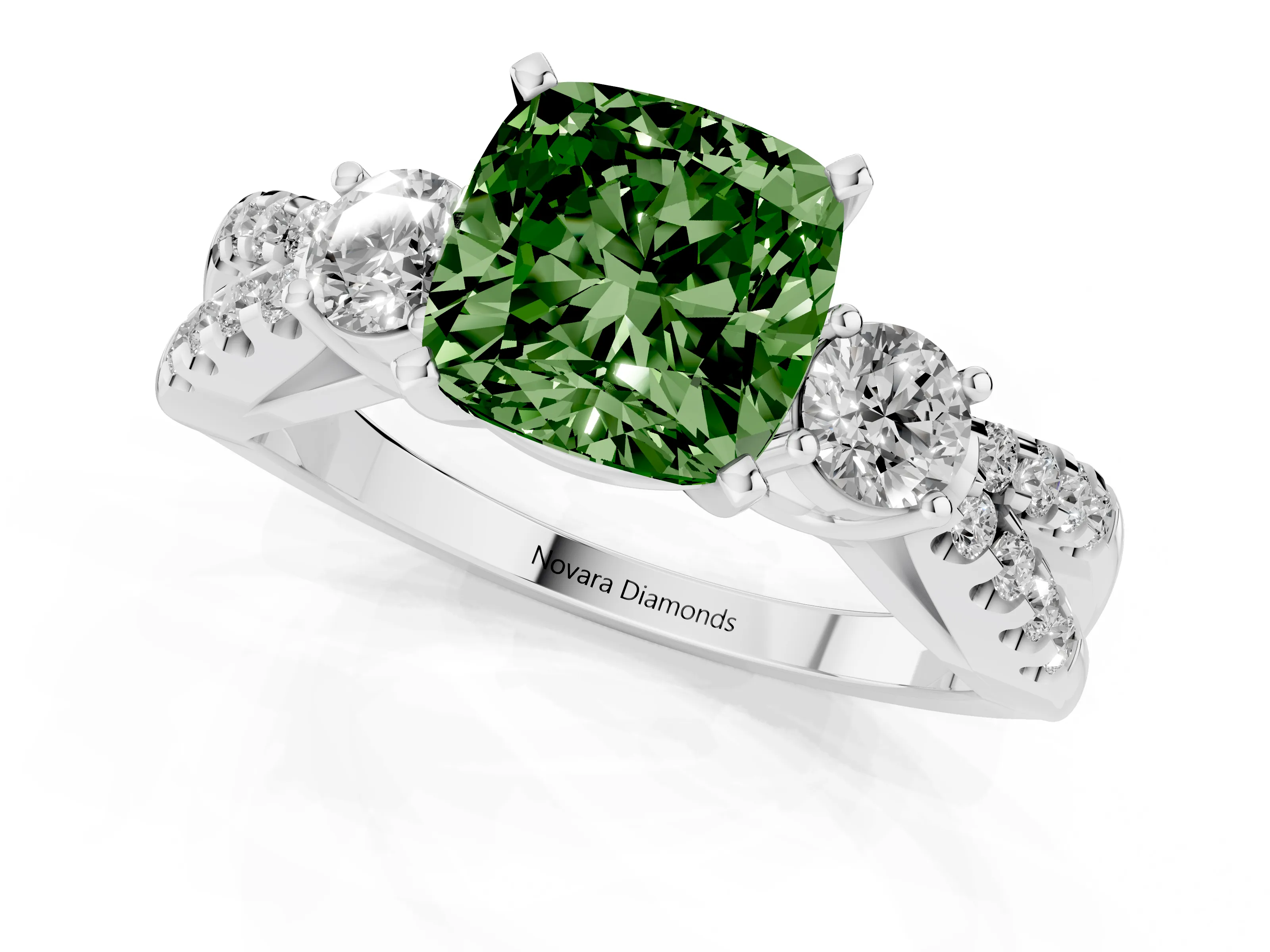 Fancy Green Cushion Cut Diamond Three-Stone Ring Set in Platinum with Pavé Split Shank and Prong Setting