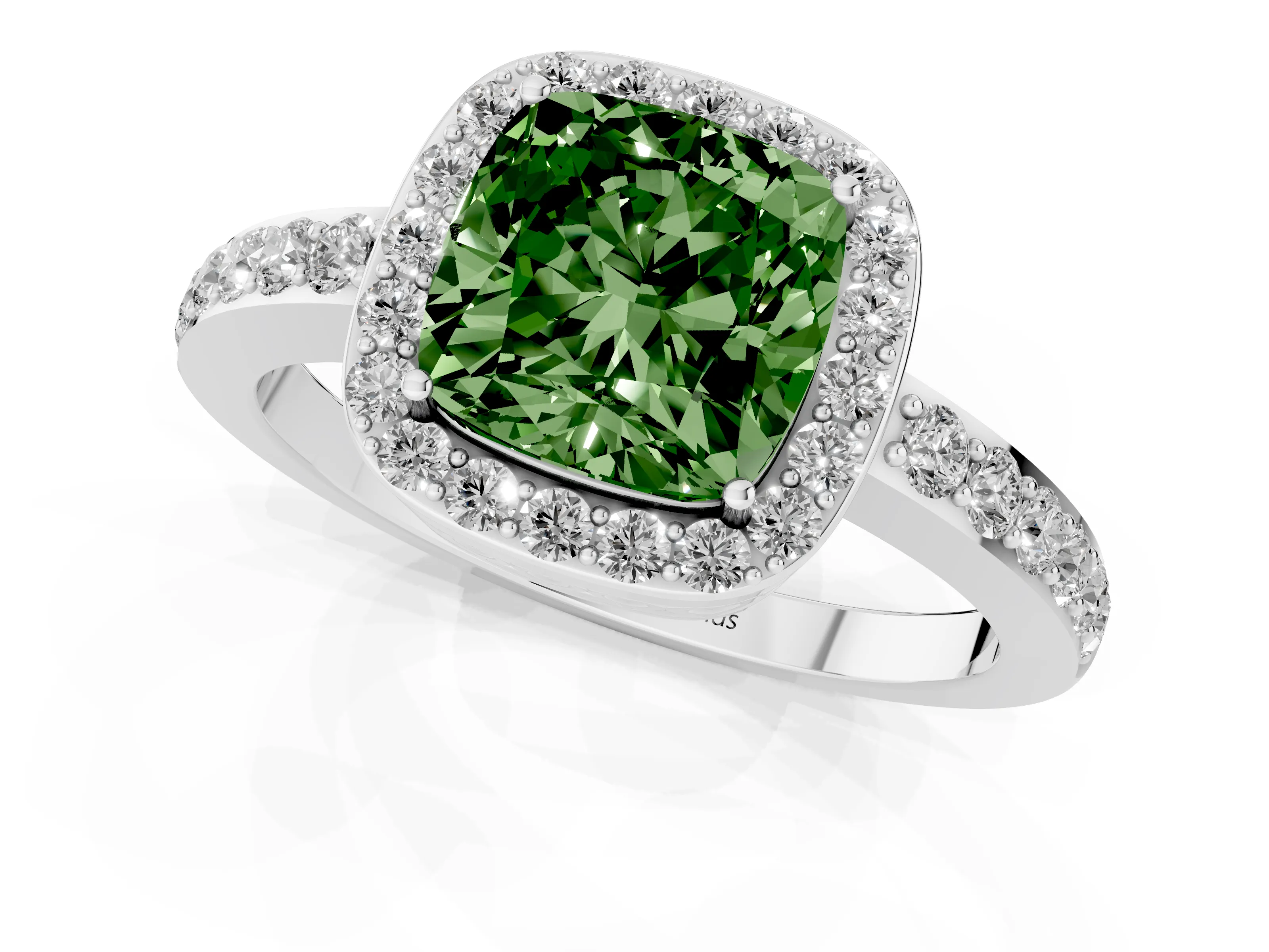 Fancy Green Cushion Cut Diamond Halo Ring Set in Silver with Pavé-Setting Band and Open Prong Center