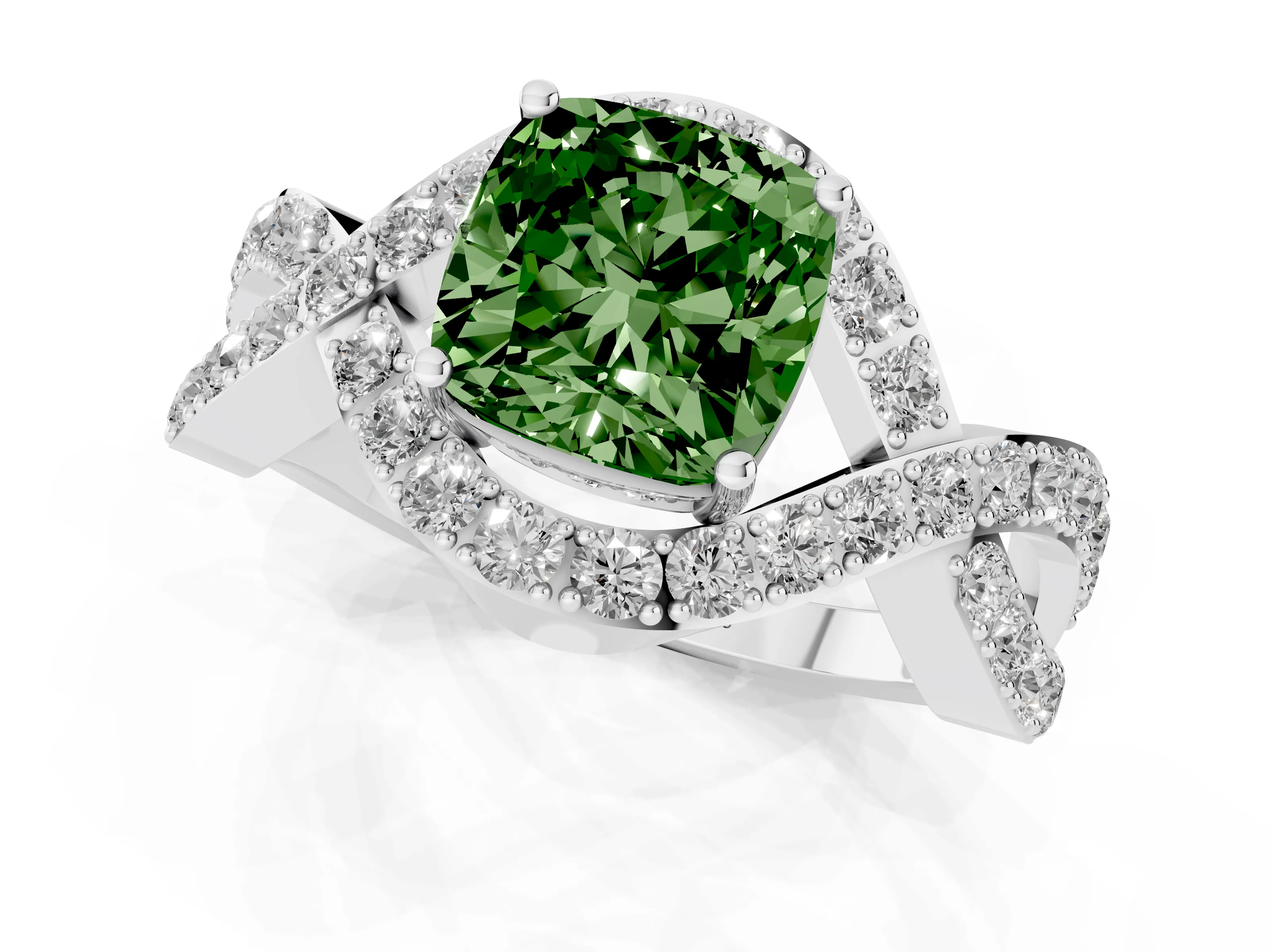 Fancy Green Cushion Cut Diamond Solitaire Twist Band Pavé Engagement Ring Set in Platinum